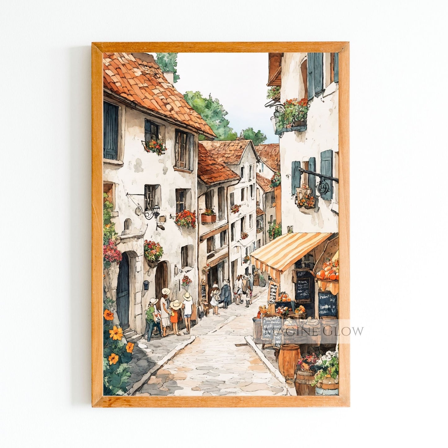 Vintage floral market street scene with hand-drawn pastel elements.