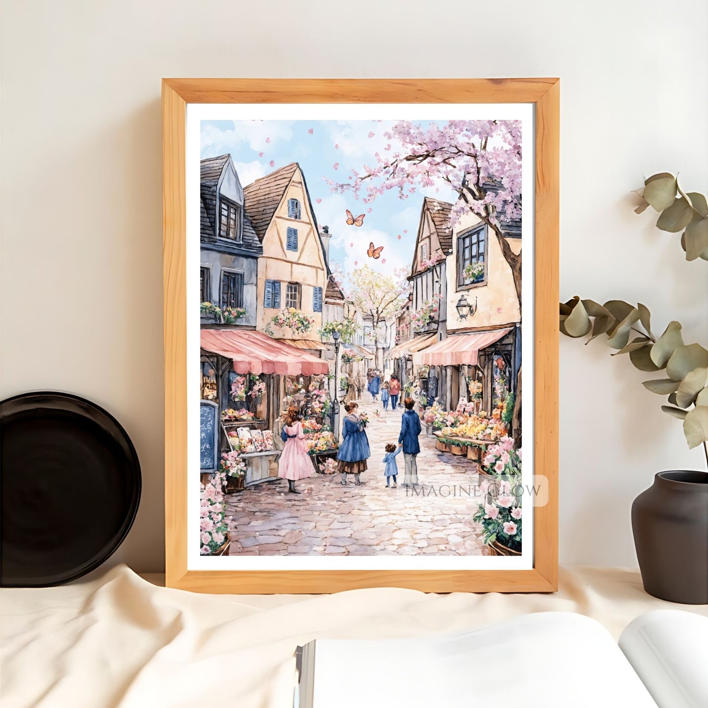 Spring flower market street scene with blooming tulips and cherry blossoms.