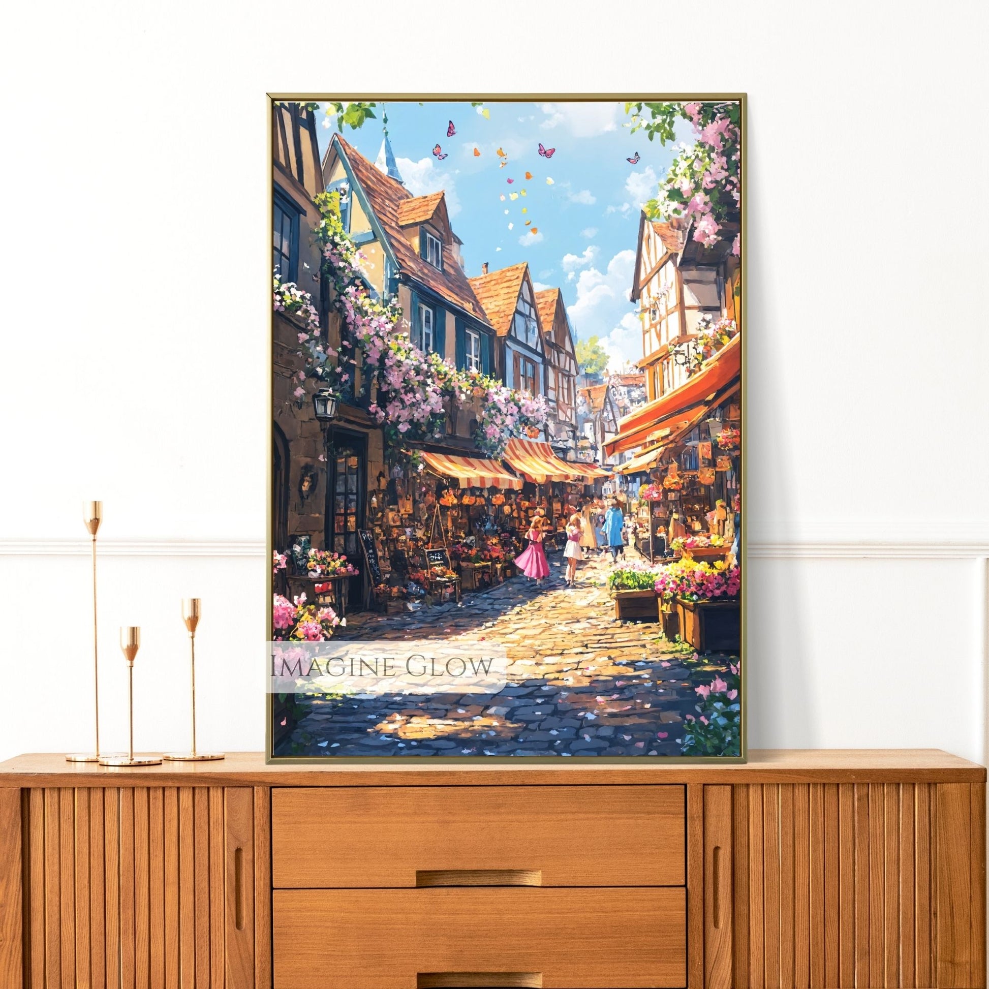 European-style cobblestone street in summer with warm architecture.