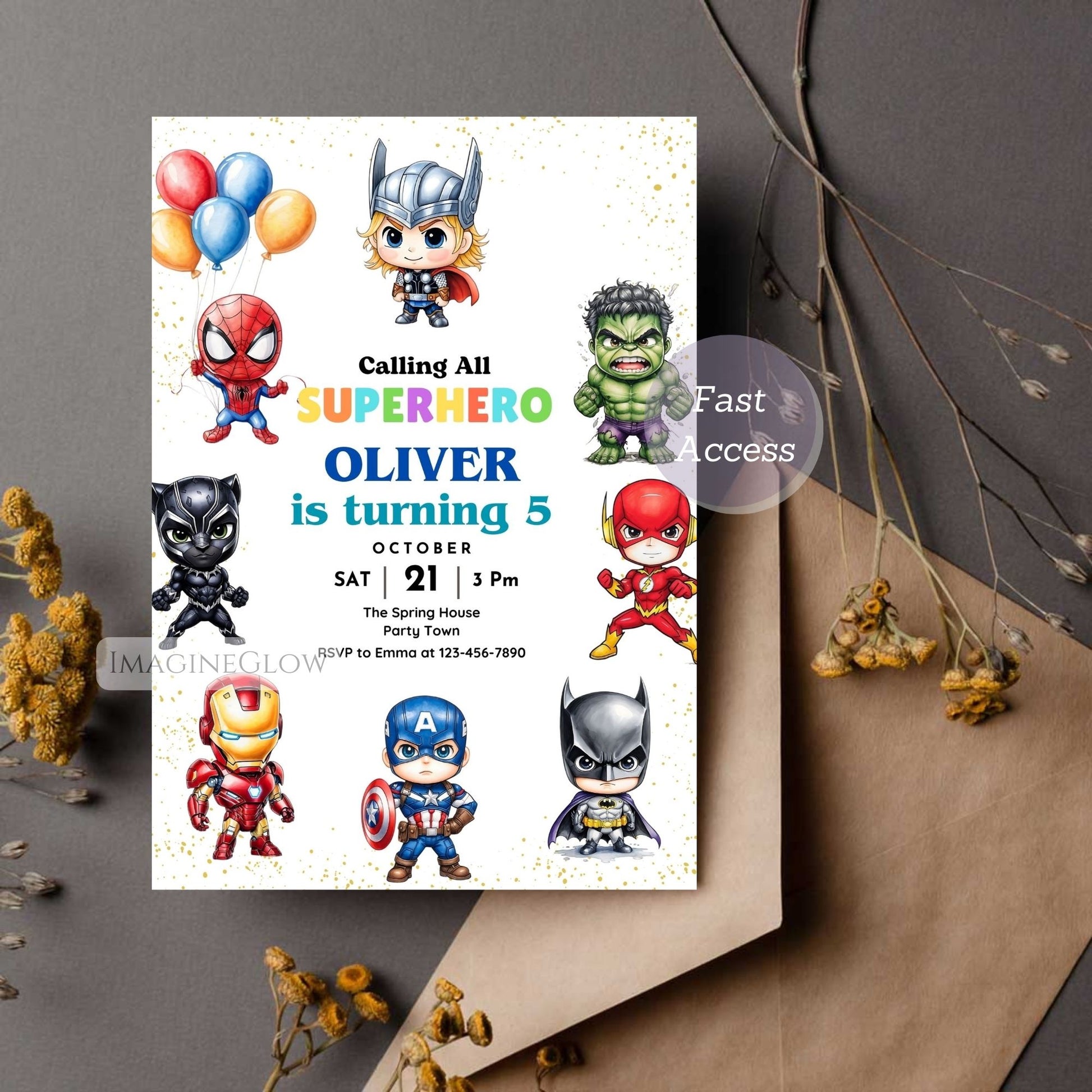 Superhero-themed birthday invitation card with cartoon characters on a white background.