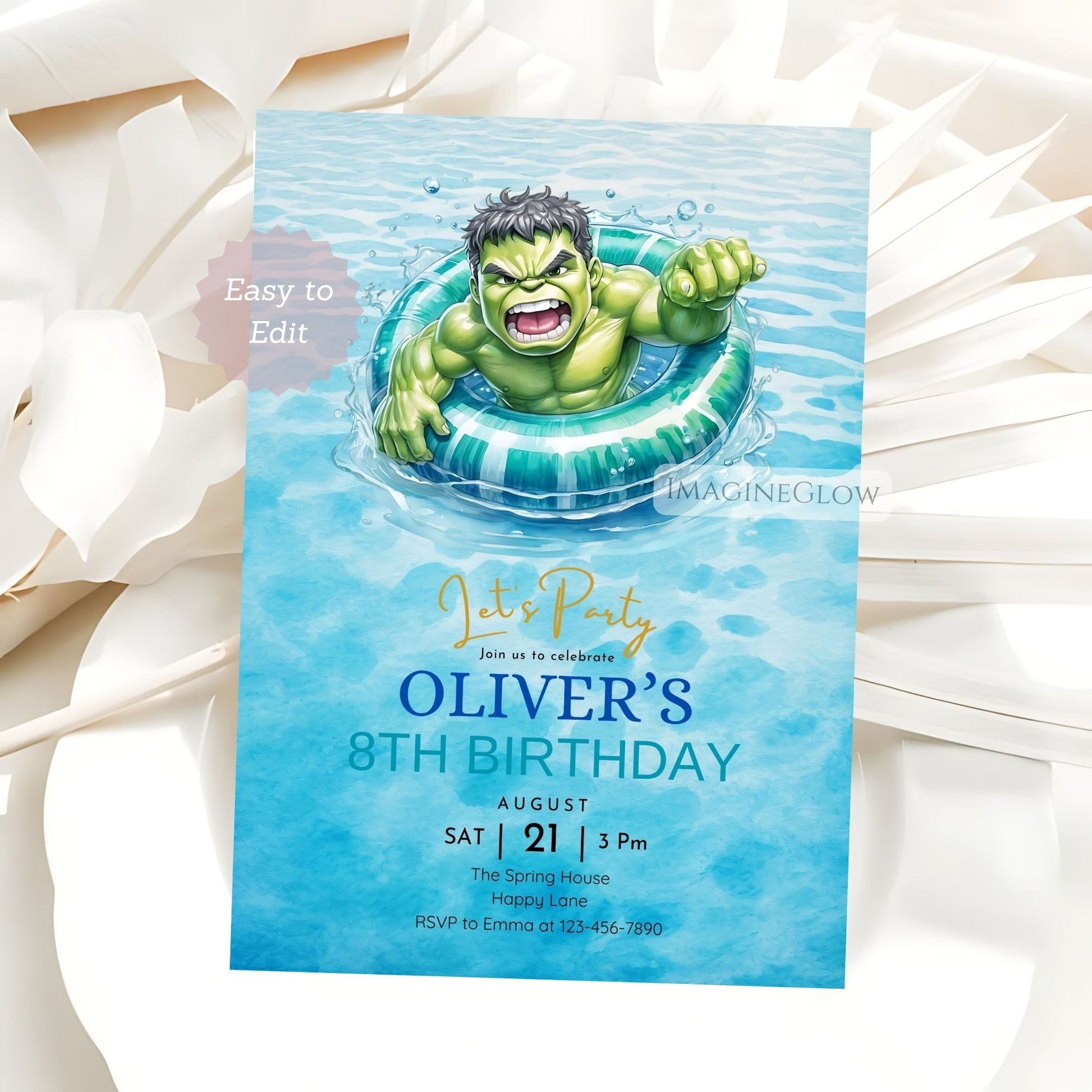 Birthday invitation card with a superhero character on a blue background