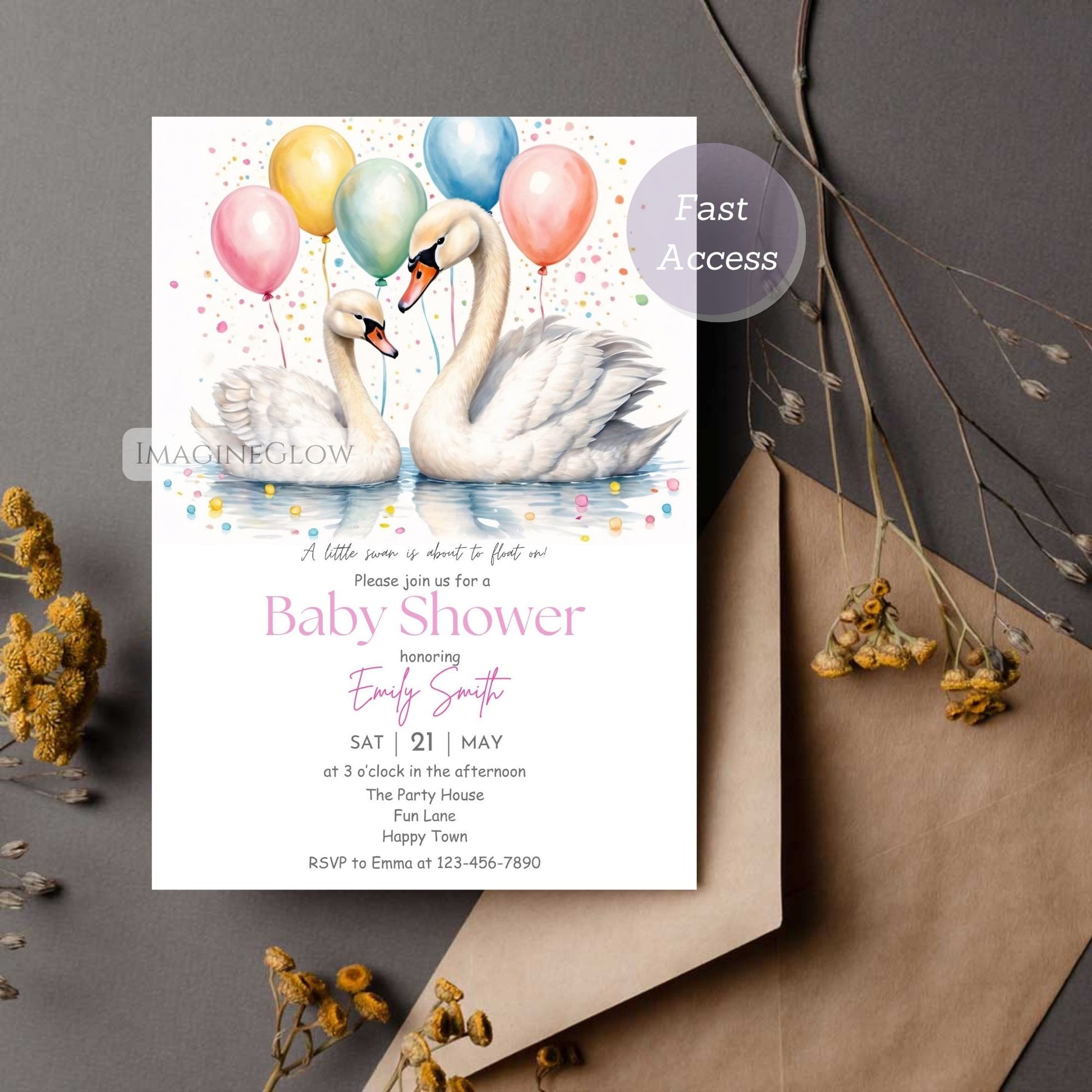 editable swan baby shower invite digital