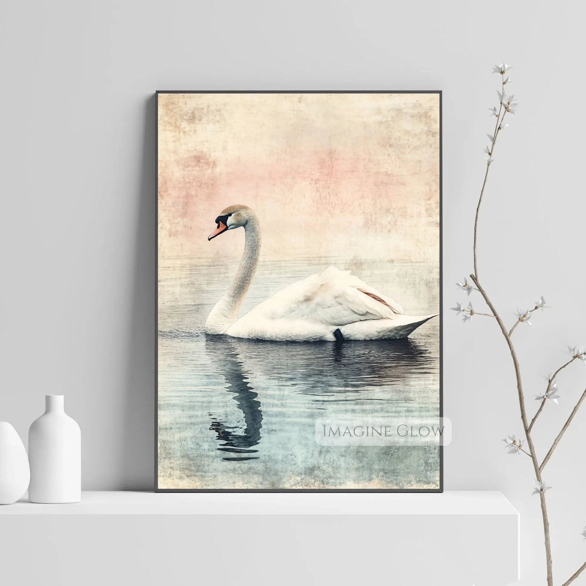 Swan on a tranquil lake vintage poster