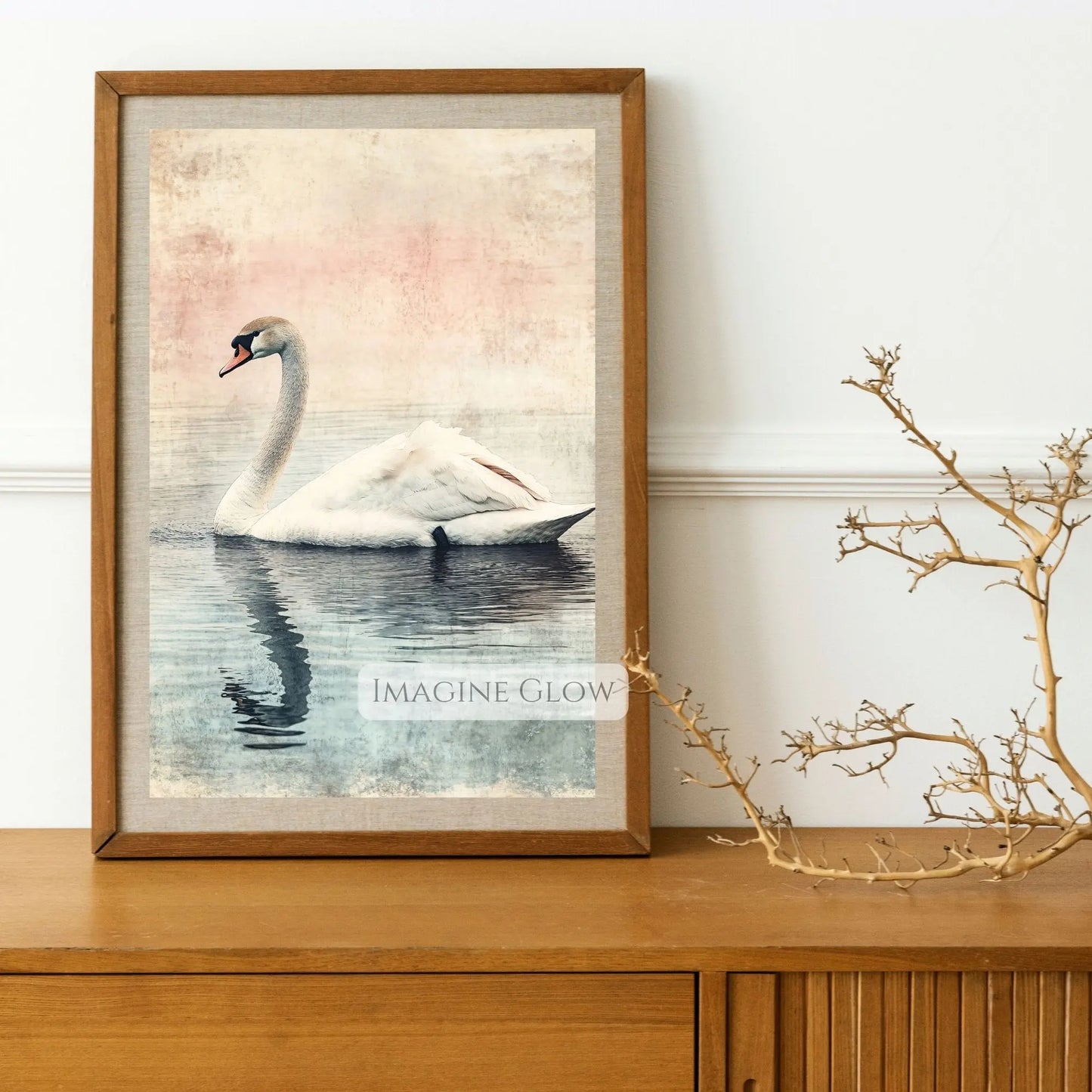 Watercolor nature art swan on serene lake
