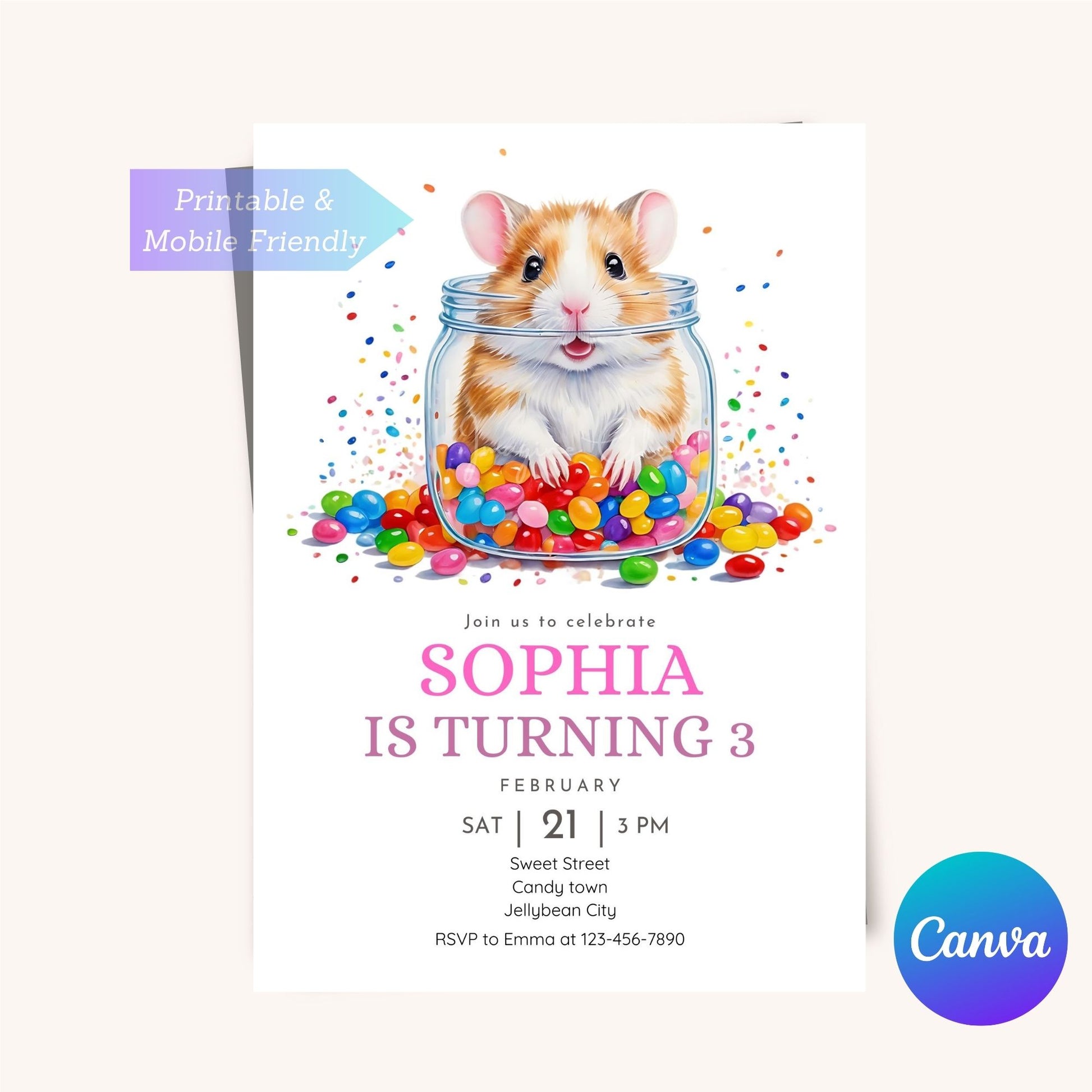 Colorful hamster birthday party invitation with sweet theme.