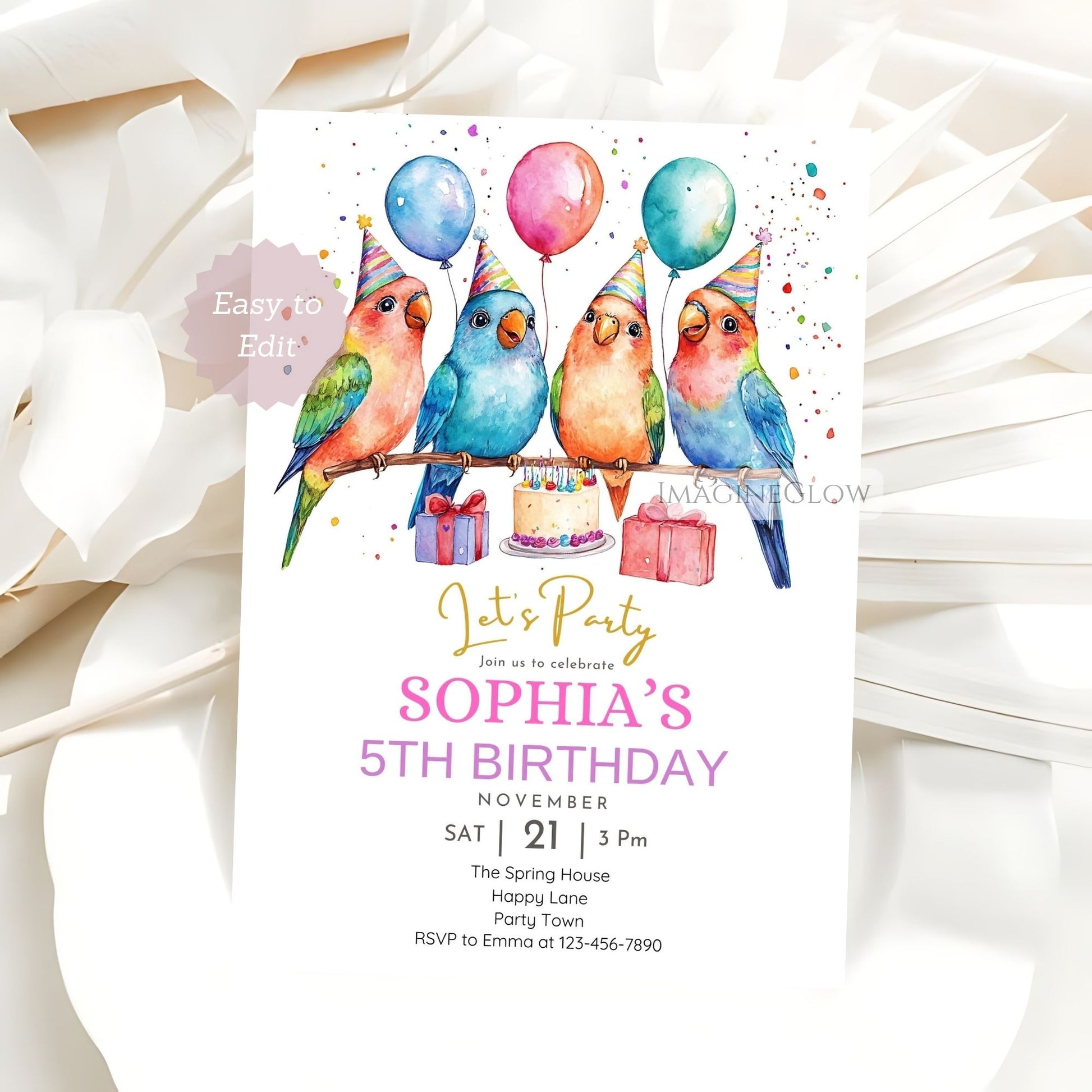 Digital lovebird invite for children’s party
Charming bird-themed birthday