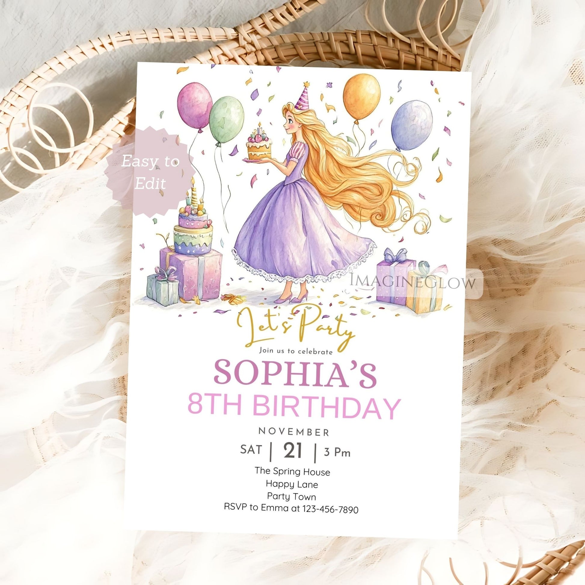 Tangled-themed birthday invitation with Rapunzel for girls