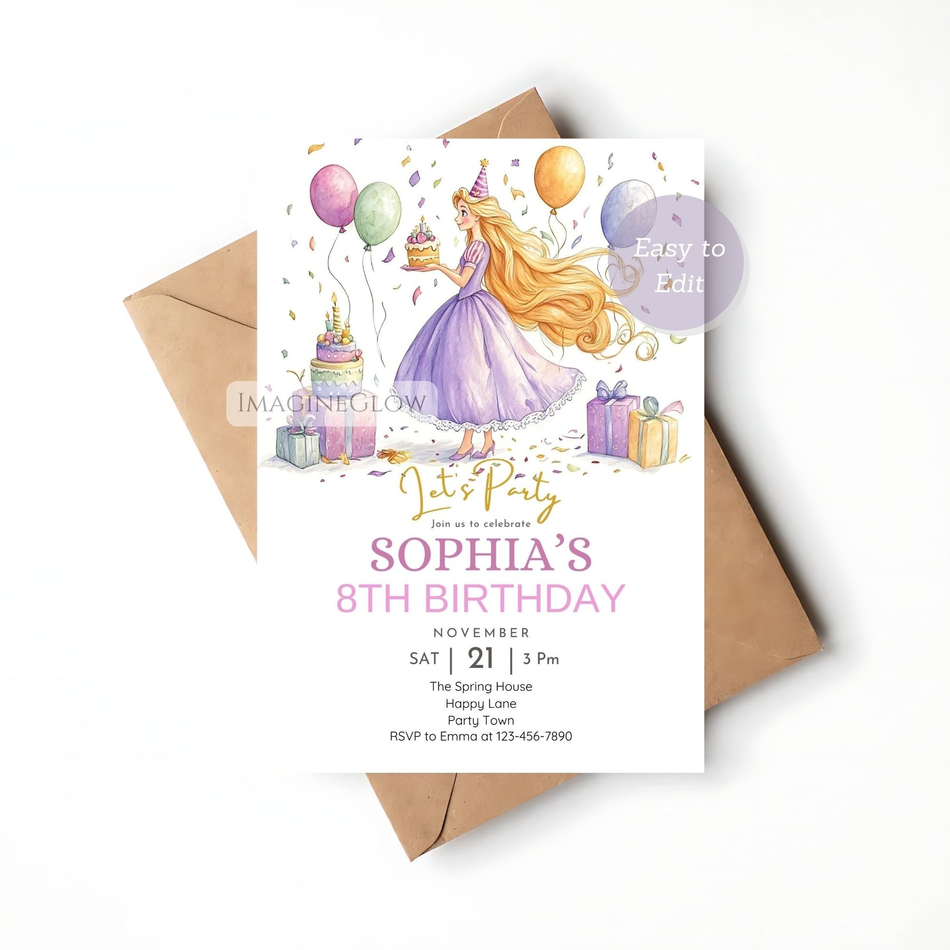 Editable Rapunzel princess birthday invite with lanterns
