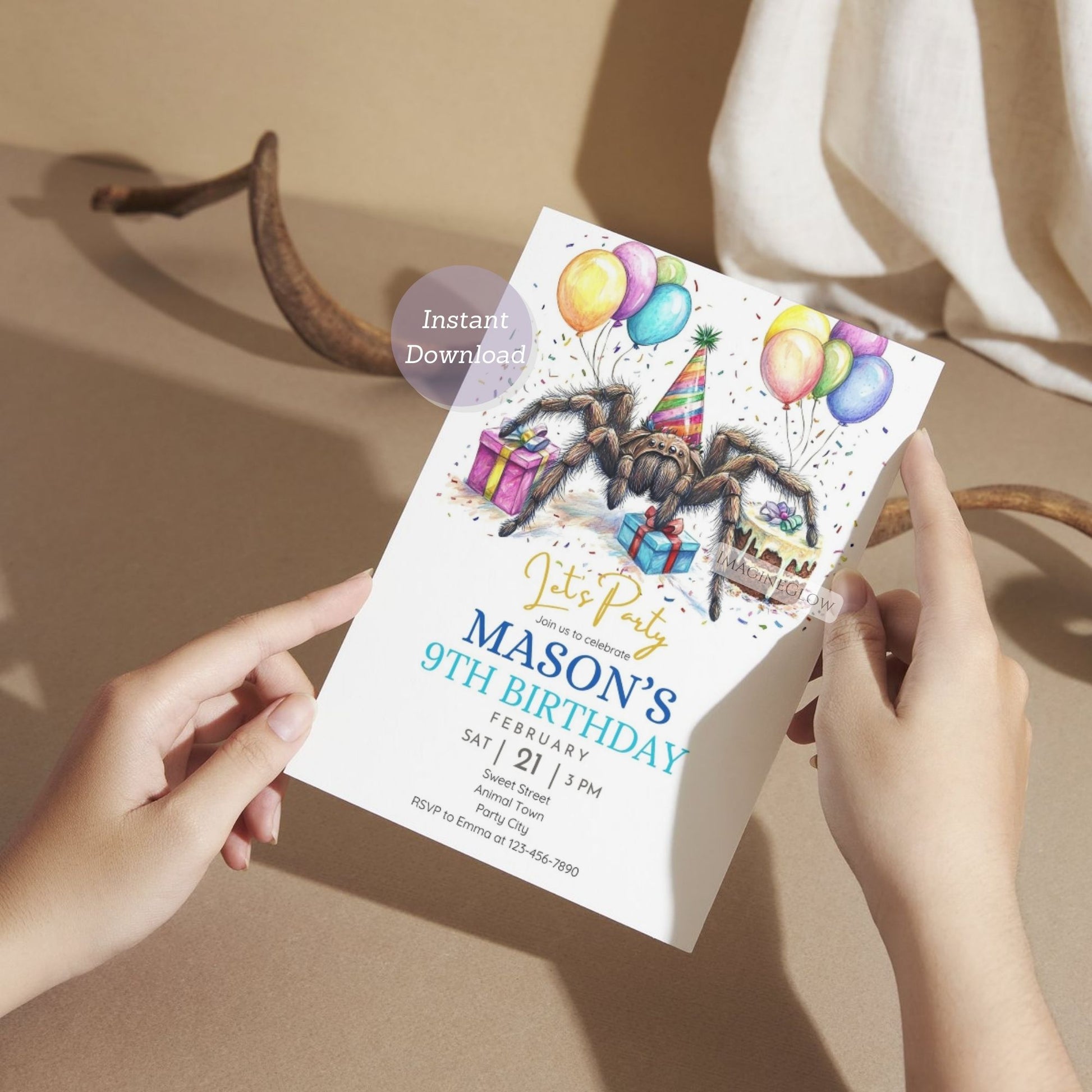 Fun tarantula birthday celebration evite.