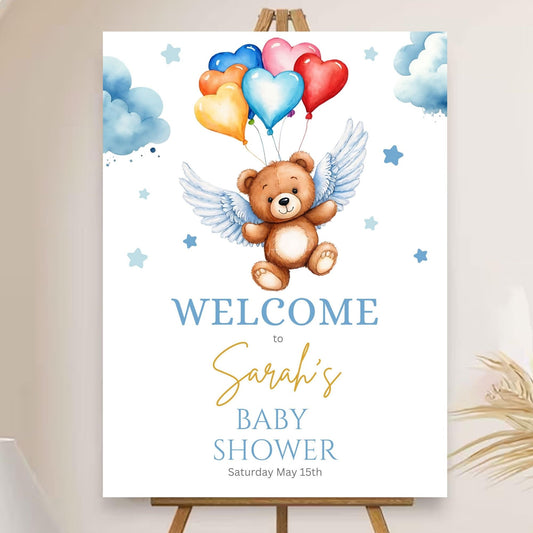 Baby shower party template with angel balloons and teddy bear.