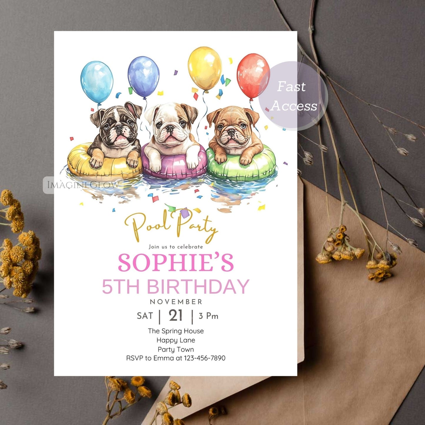 Dog-themed pool party invitation for a kids' summer bash.