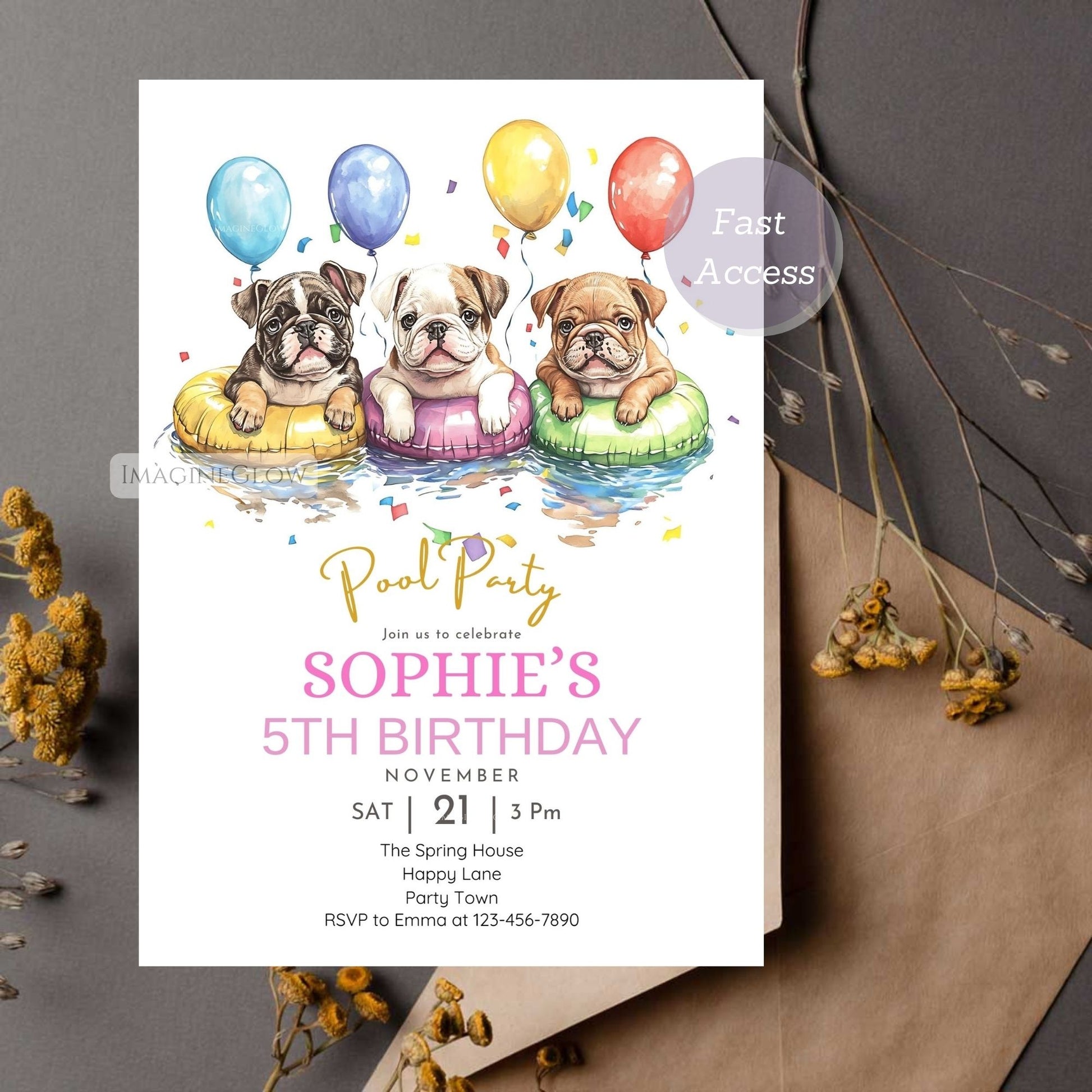Dog-themed pool party invitation for a kids' summer bash.