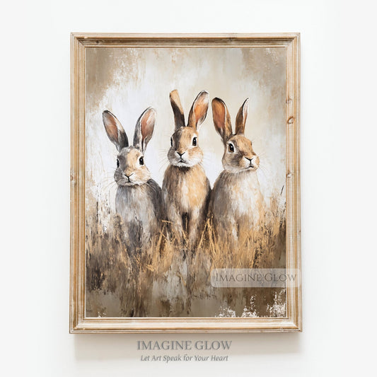 Vintage painting of three bunnies in a meadow