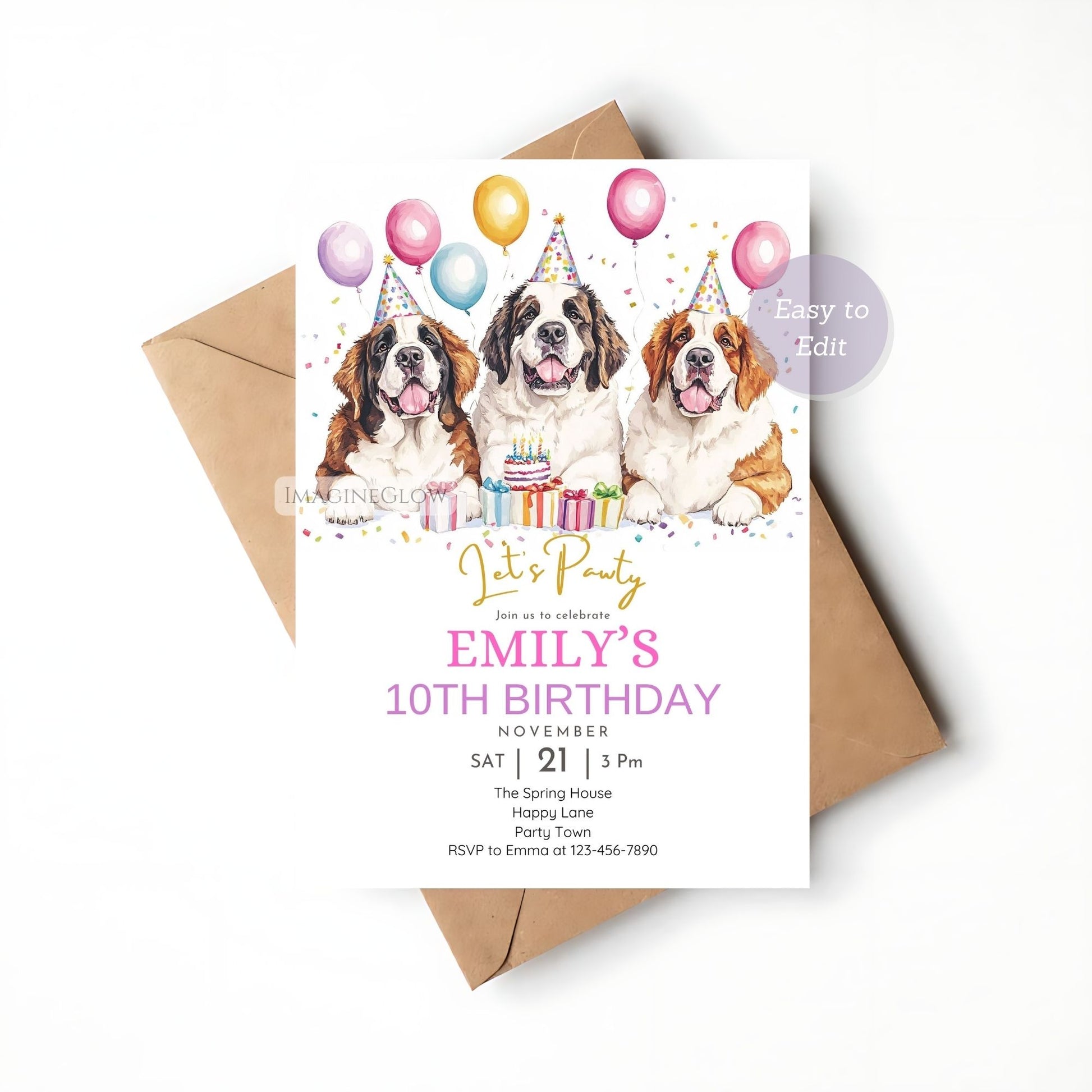 Editable Saint Bernard birthday invitation template.