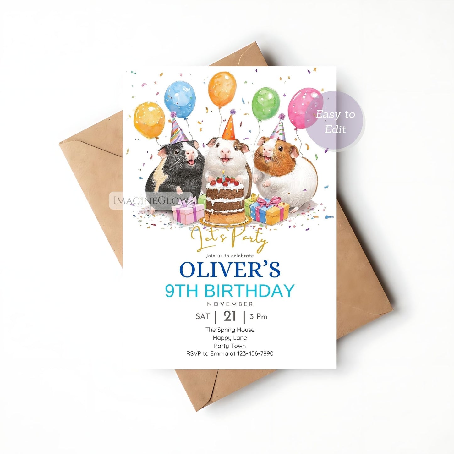 Adorable guinea pig party invitation with cake and balloons.