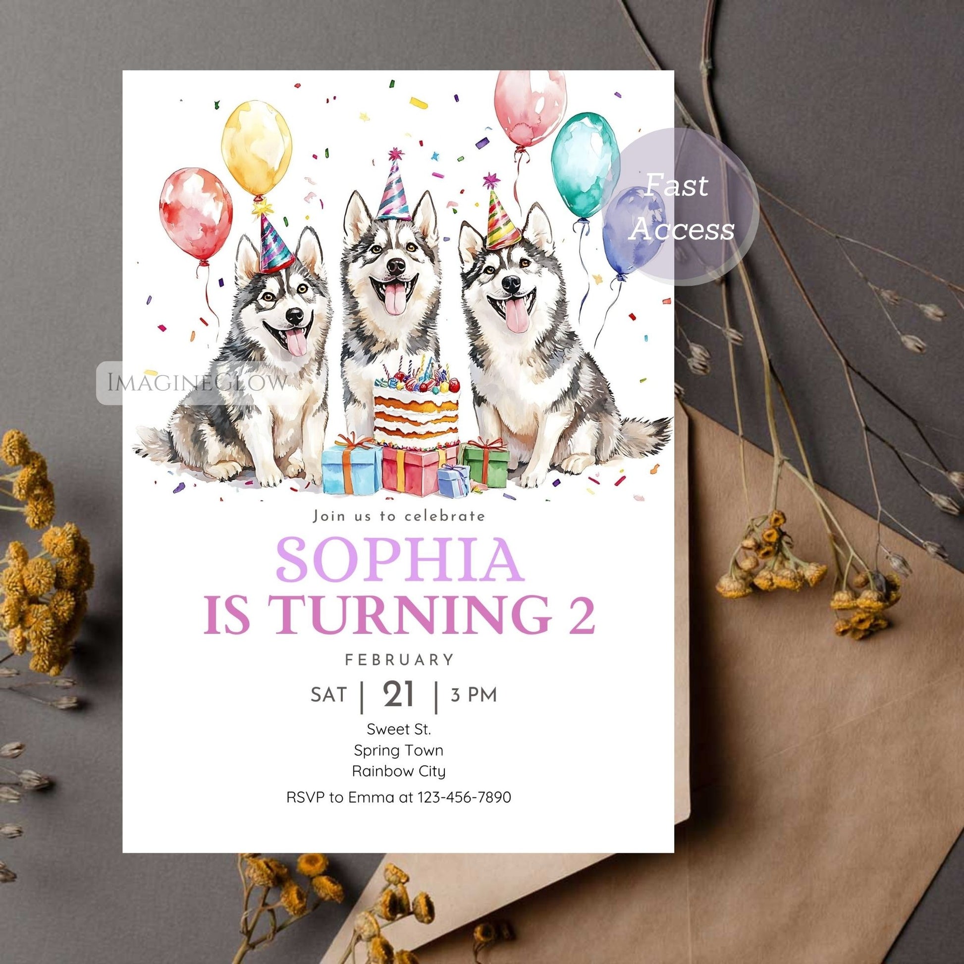 Husky puppy birthday invitation for kids and adults