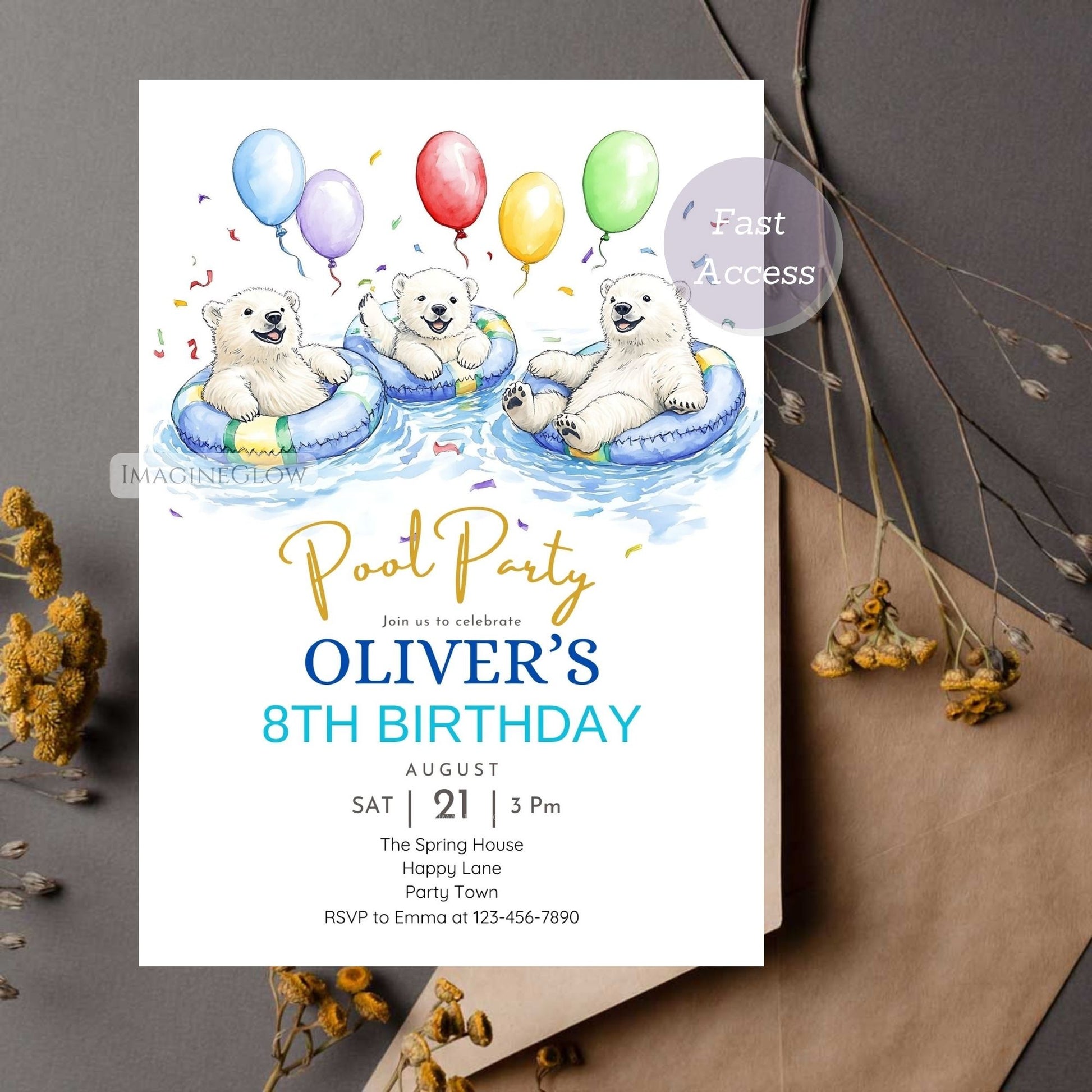High-resolution polar bear pool party invite for summer birthdays.
Digital polar bear birthday invitation for instant download.