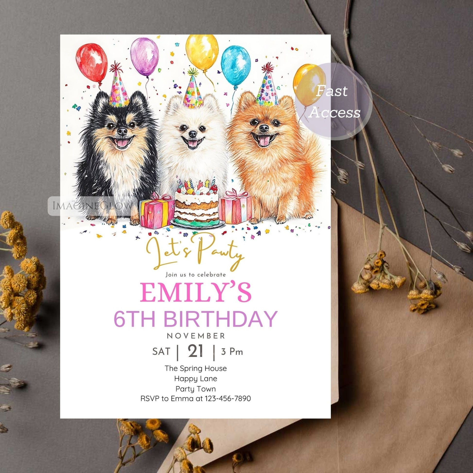 Cute Pomeranian dogs birthday party invitation