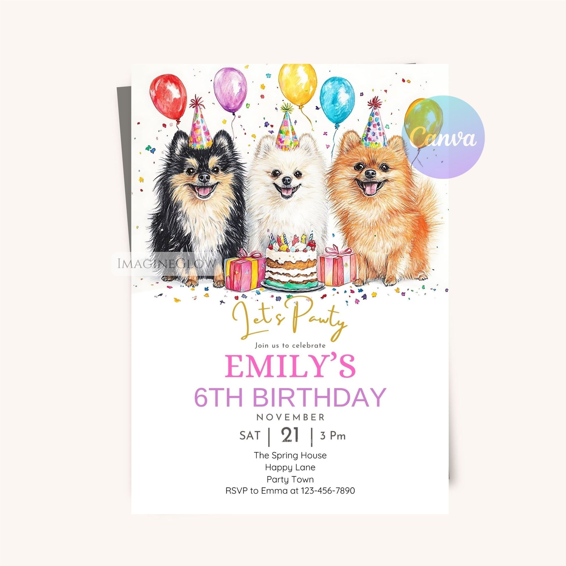 Editable Pomeranian birthday party invitation
