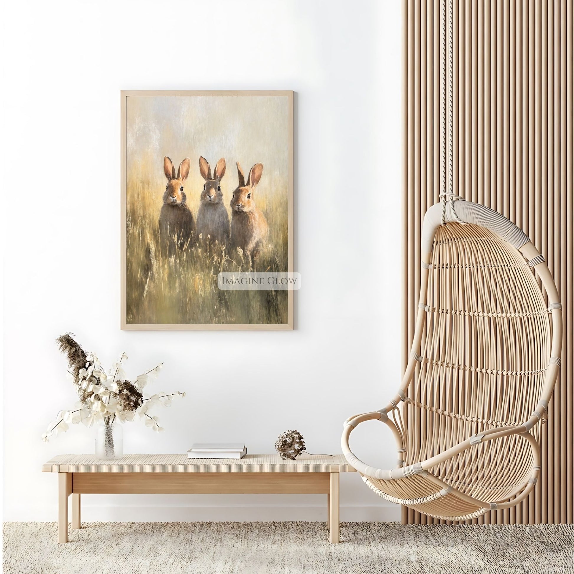 Rustic wall art featuring three bunnies in nature