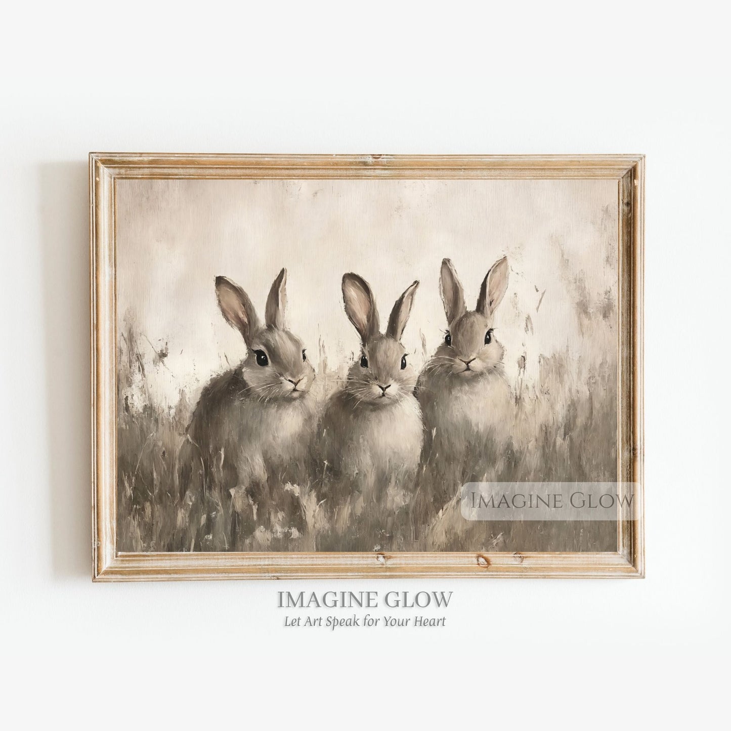 Vintage art print of three rabbits in a field