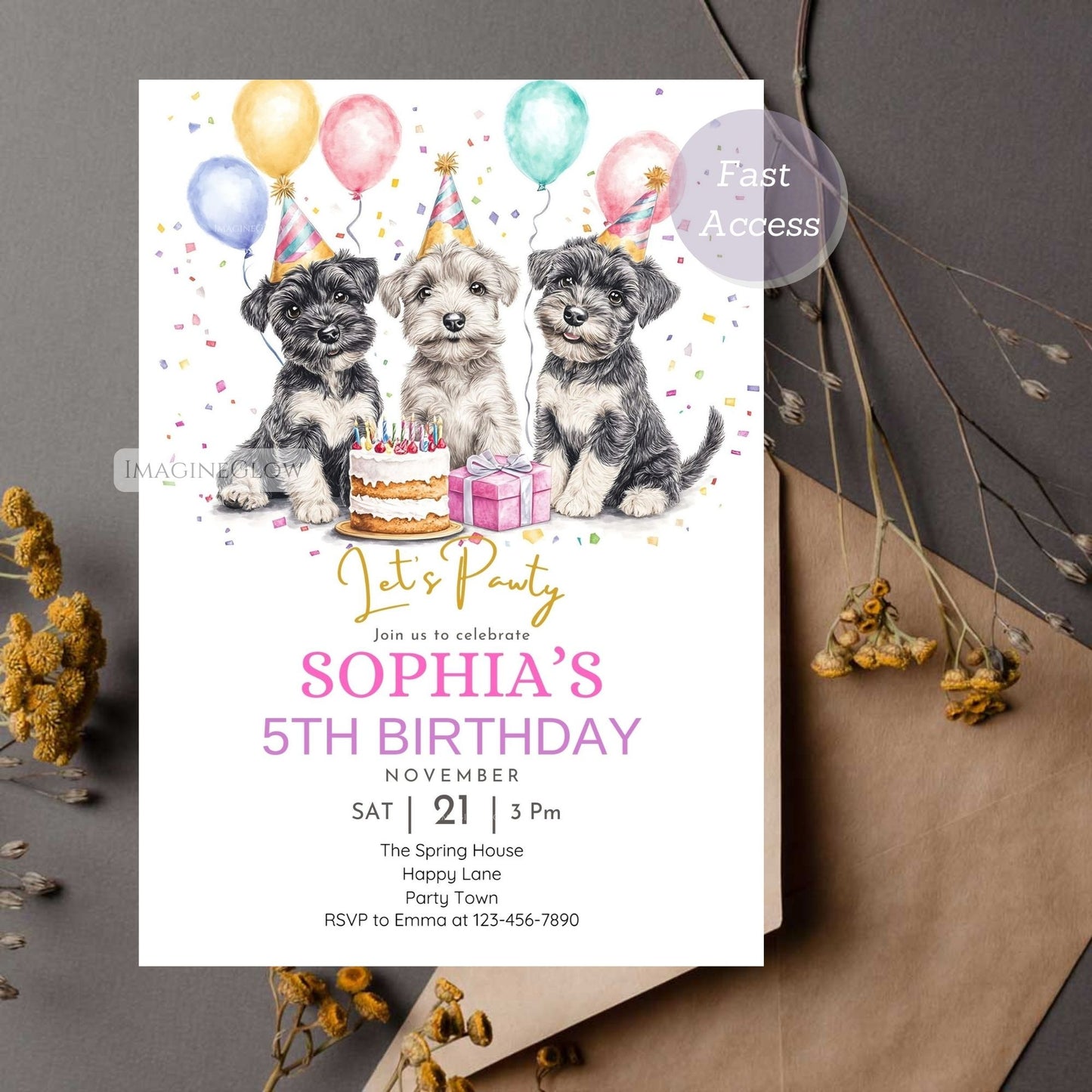 Three Schnauzer dog birthday invitation digital download.
