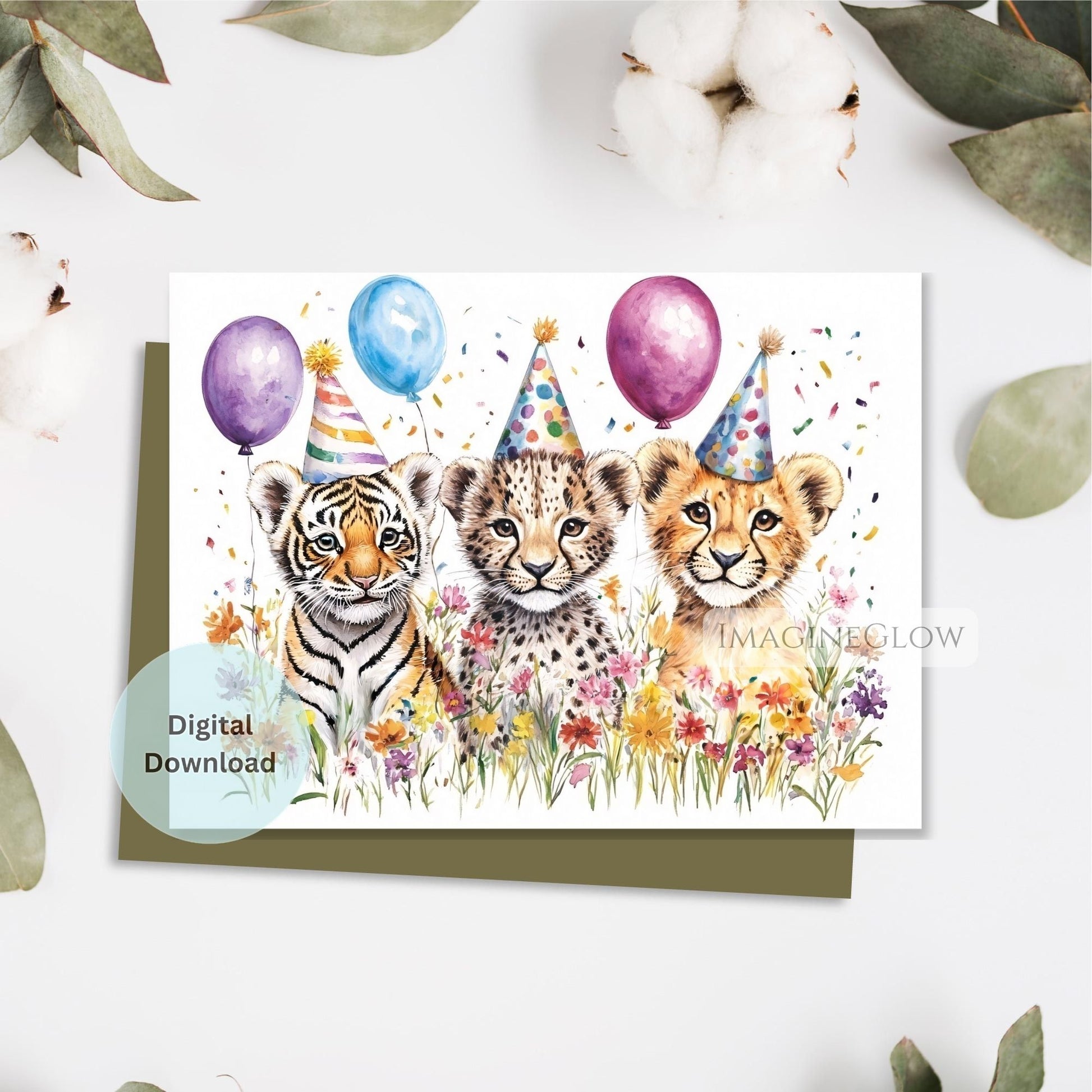 Greeting card with three cartoon baby lions wearing party hats and balloons on a white background.