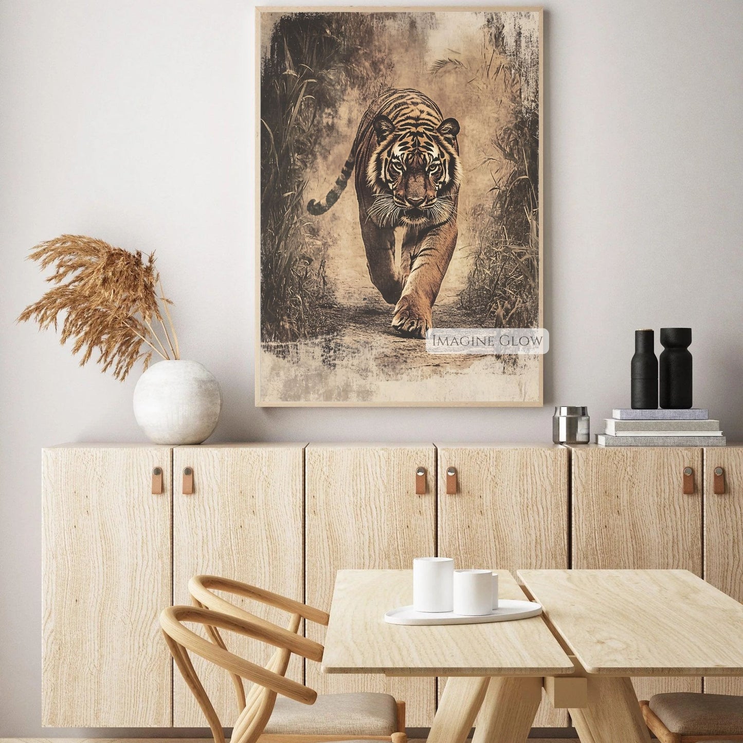 Retro print of tiger walking through jungle.