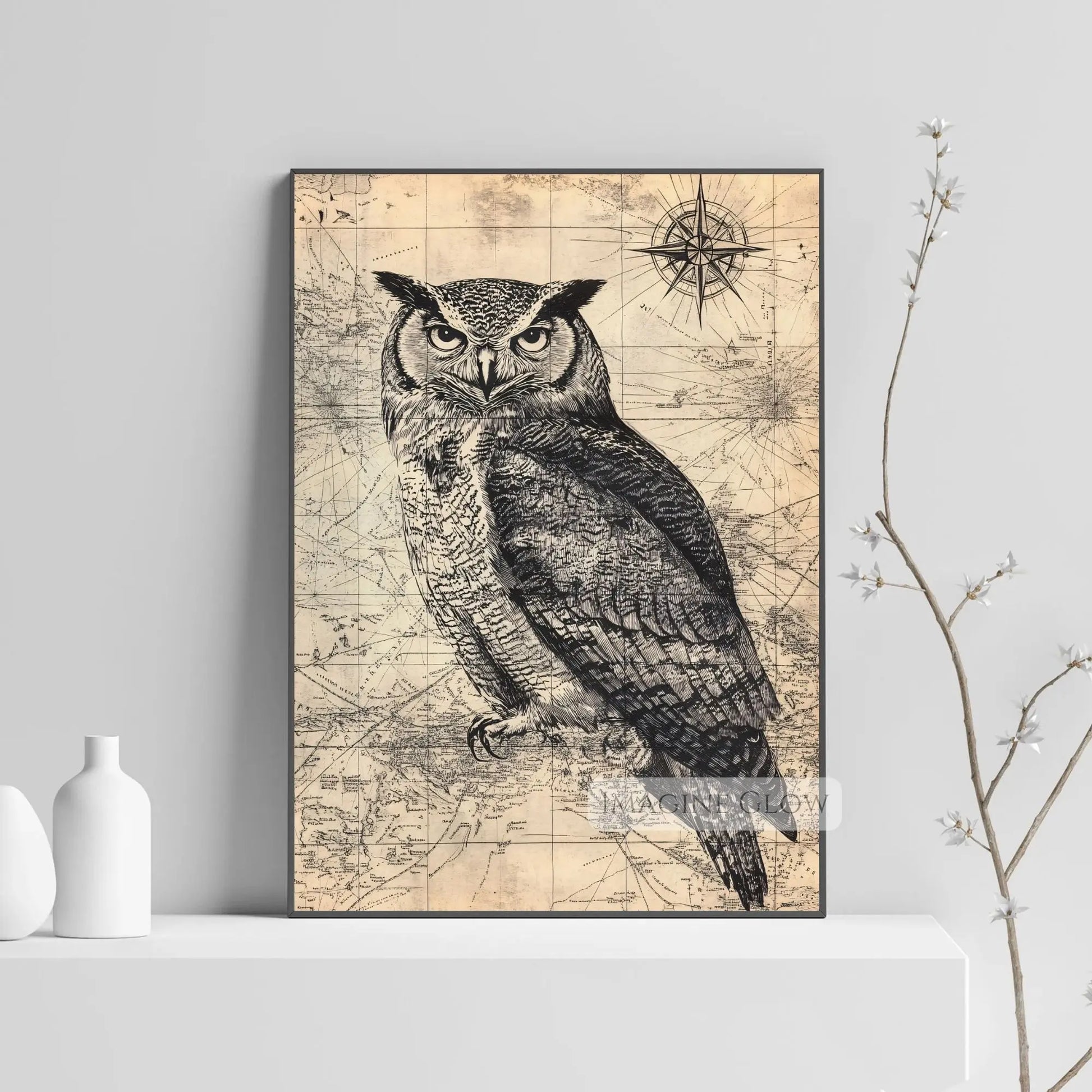 Owl perched on old map black and white art
