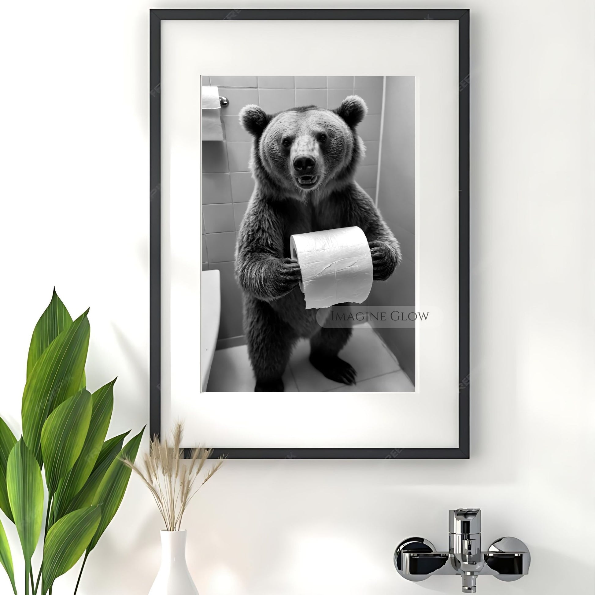 Funny bear bathroom decor with a whimsical design.
Bathroom wall art featuring a bear and toilet paper.
Bear holding toilet paper print, quirky bathroom humor decor.