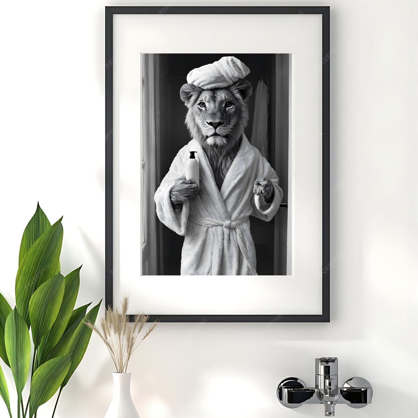Funny bathroom photo with a lion taking a bath in a bathtub.