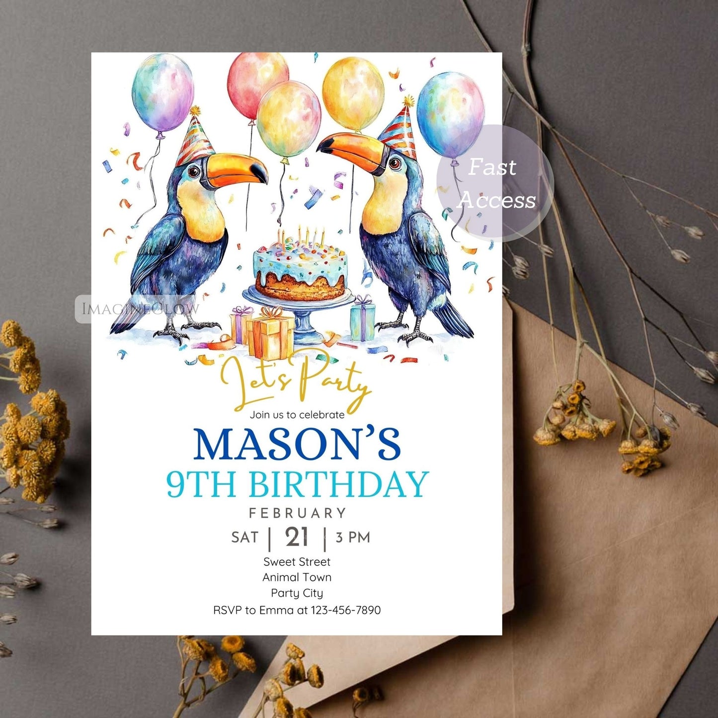 Colorful tropical bird birthday invitation
Printable toucan birthday card for kids