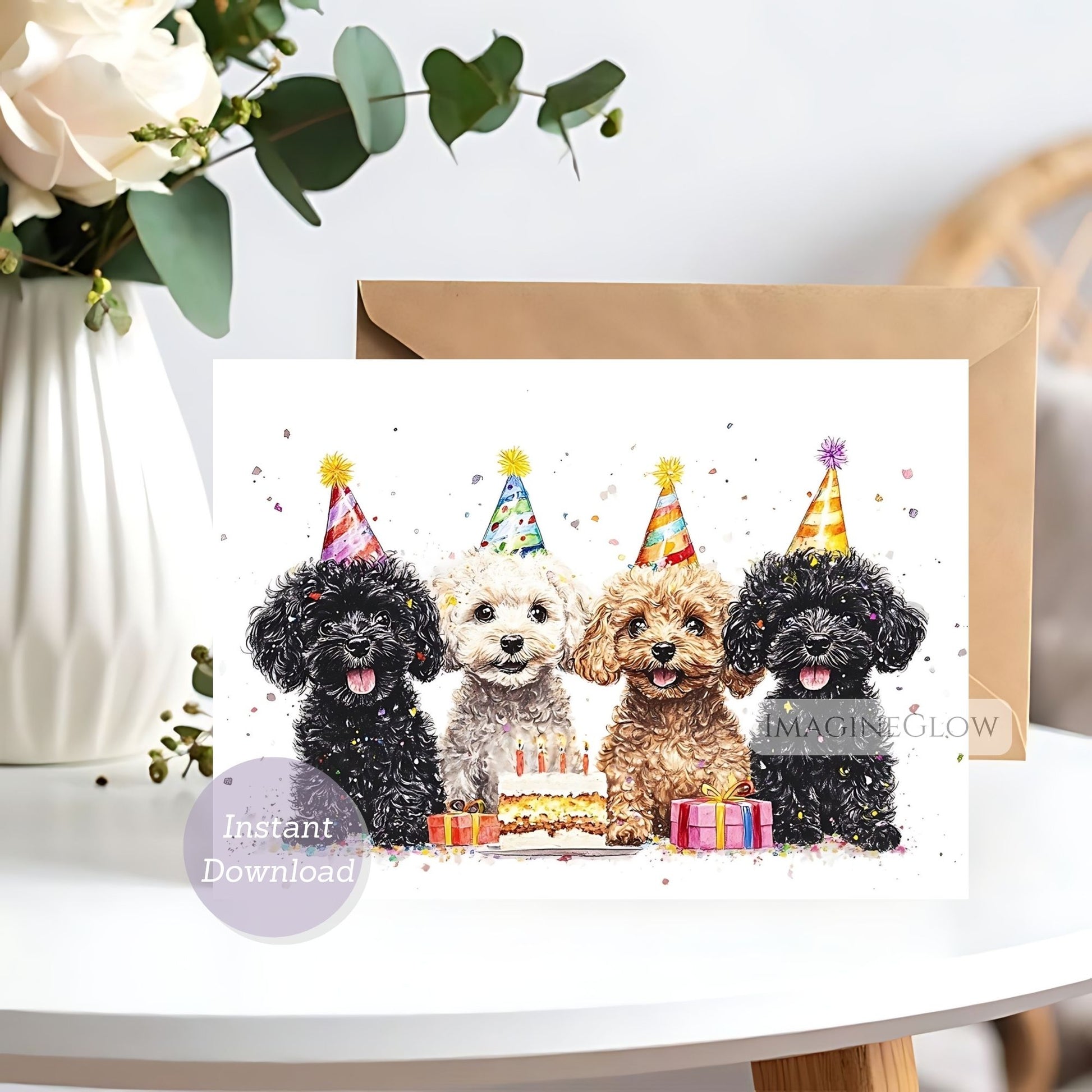 Toy Poodles birthday card with puppies in party hats