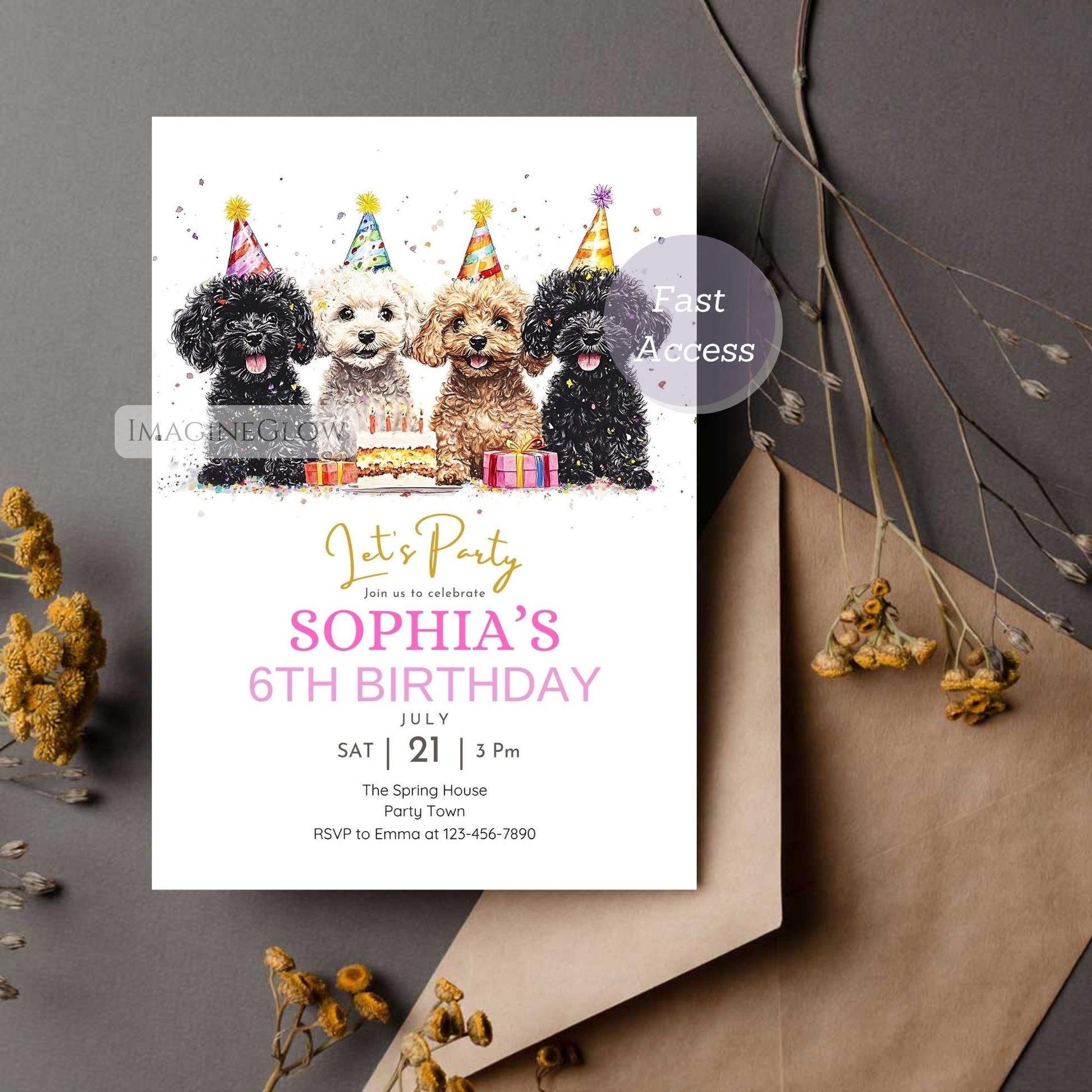 Birthday invitation card with four dogs wearing party hats on a gray background