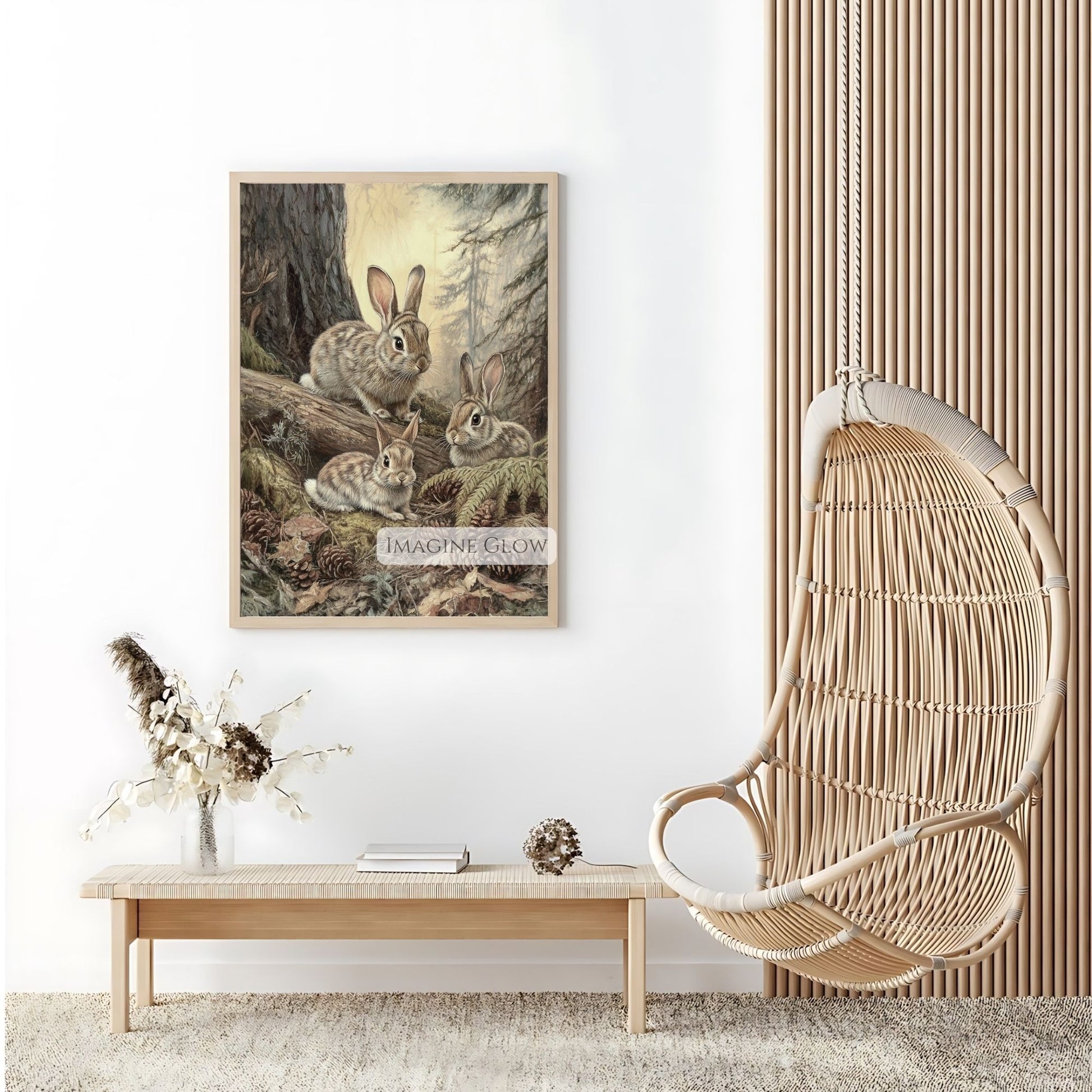 Vintage-style rabbit family forest art.