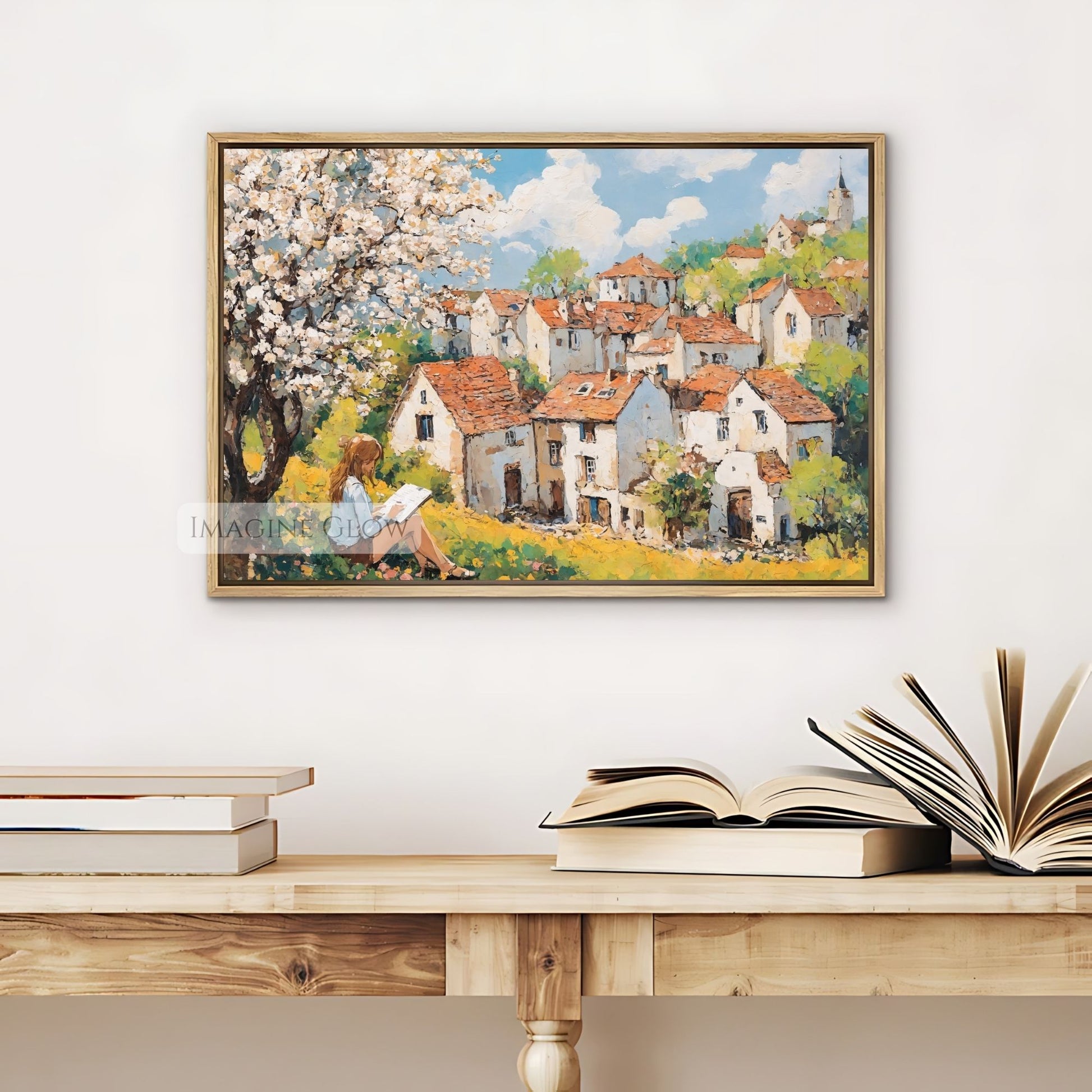 Artistic wall print of a woman sitting beneath cherry blossoms.