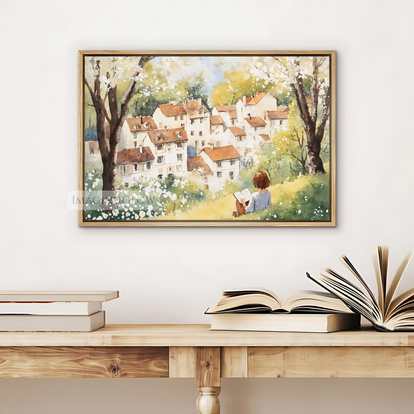 Tranquil nature scene with a woman reading under the sunlight.