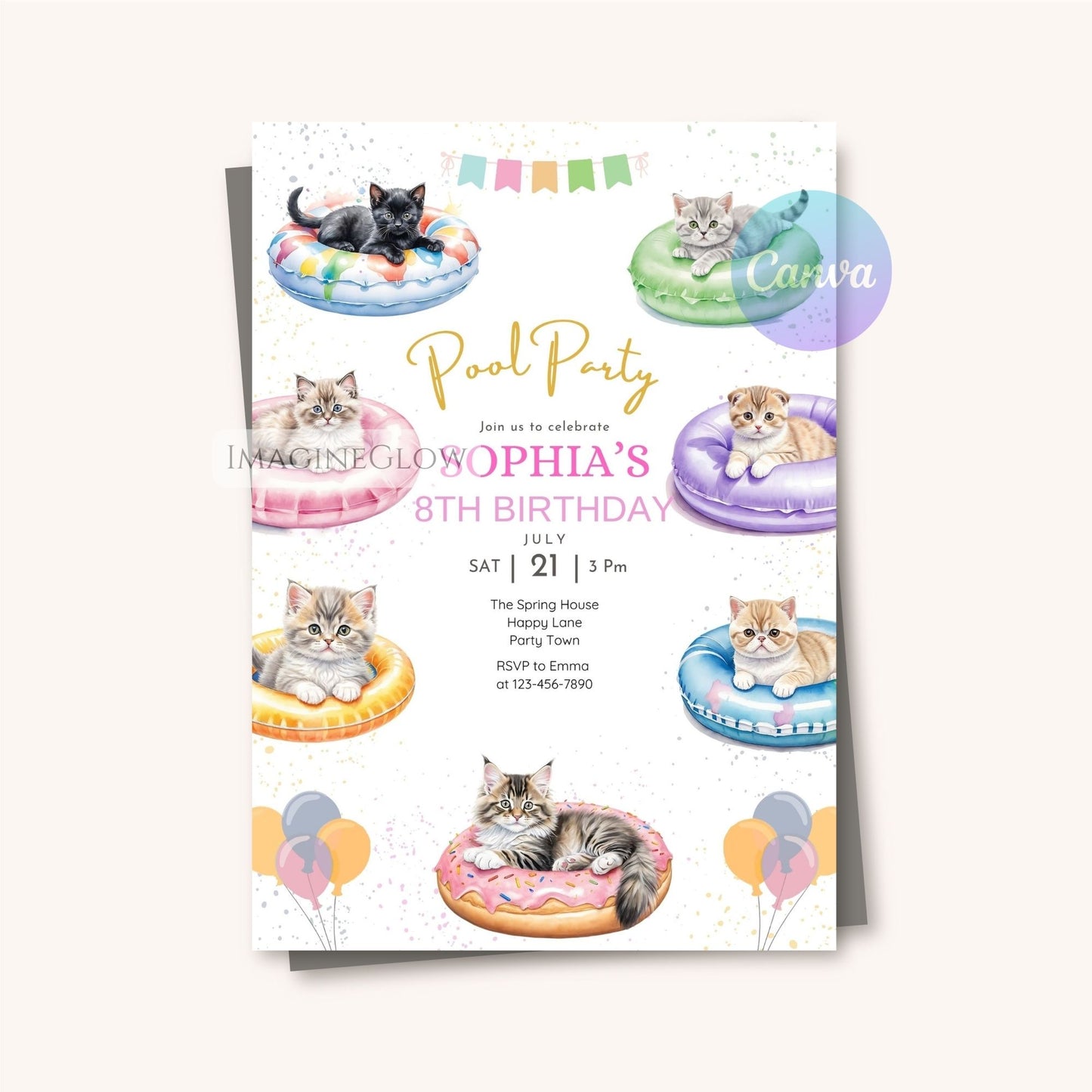 Kitten Pool Party Birthday Invitation - Summer Tropical Beach Party