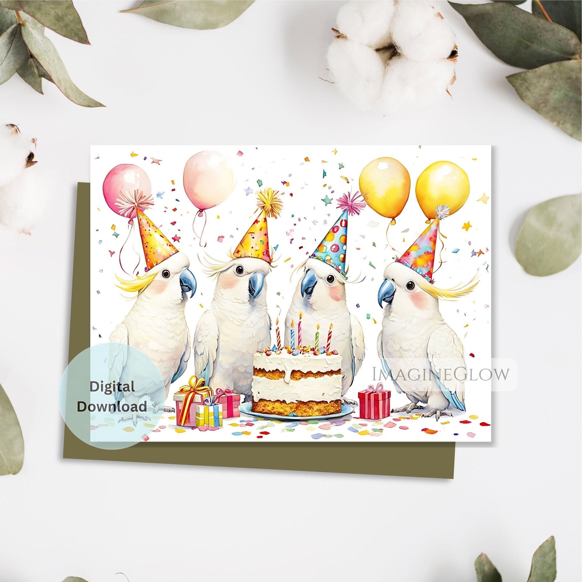bird lover birthday card
colorful cockatoo illustration
digital download bird card
exotic bird birthday card