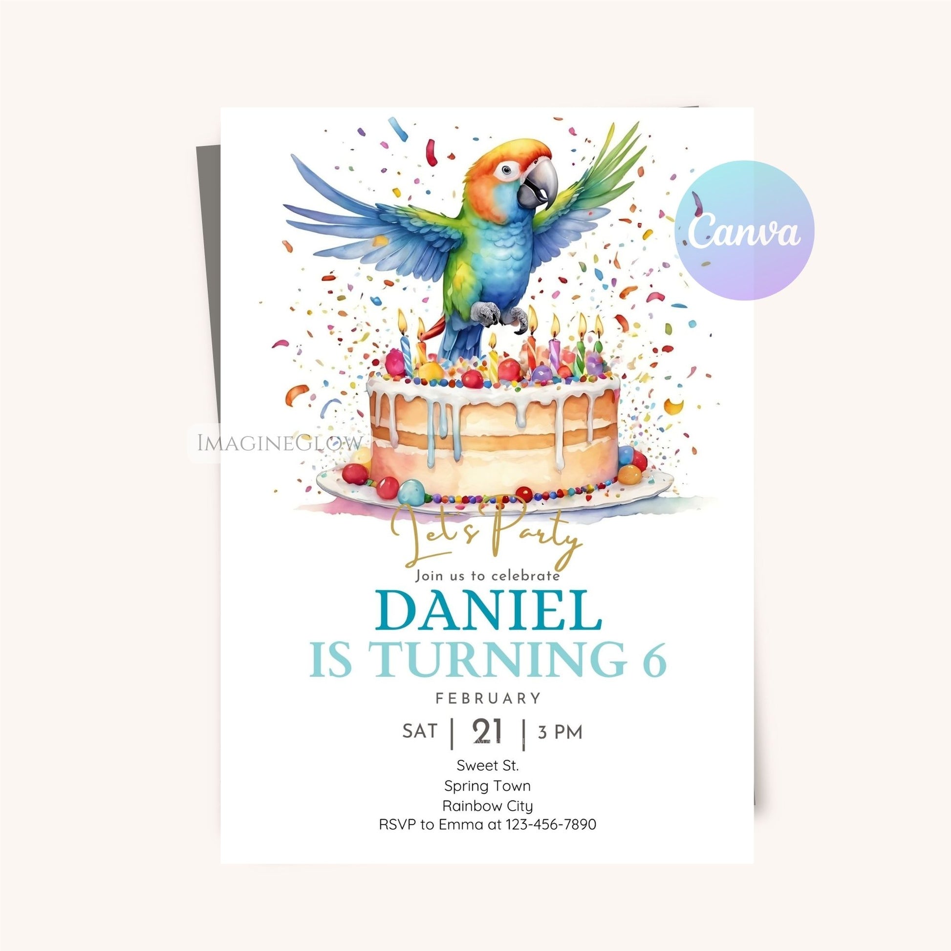 Parrot birthday invitation with jungle and rainforest decor.