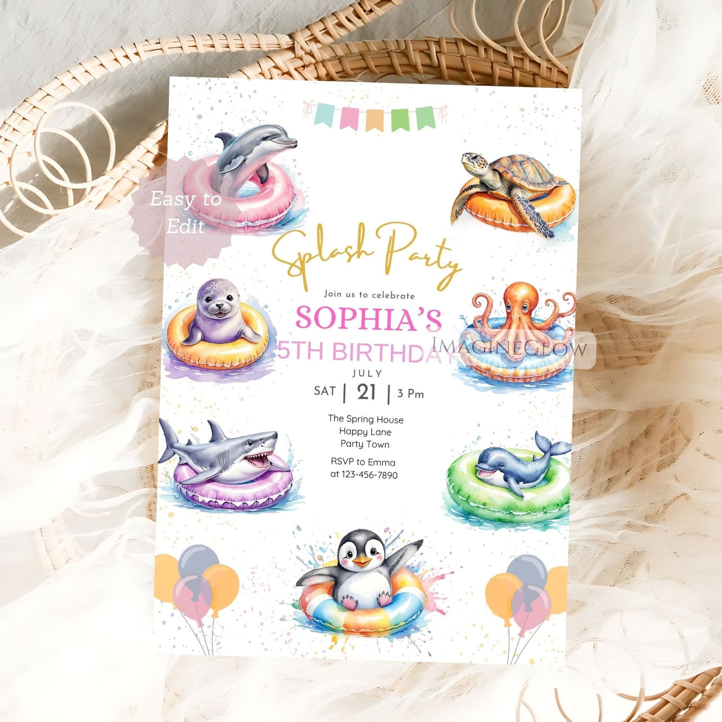sea creature birthday invitation for kids
editable tropical marine life card
underwater pool party birthday template
dolphin turtle ocean party invitation