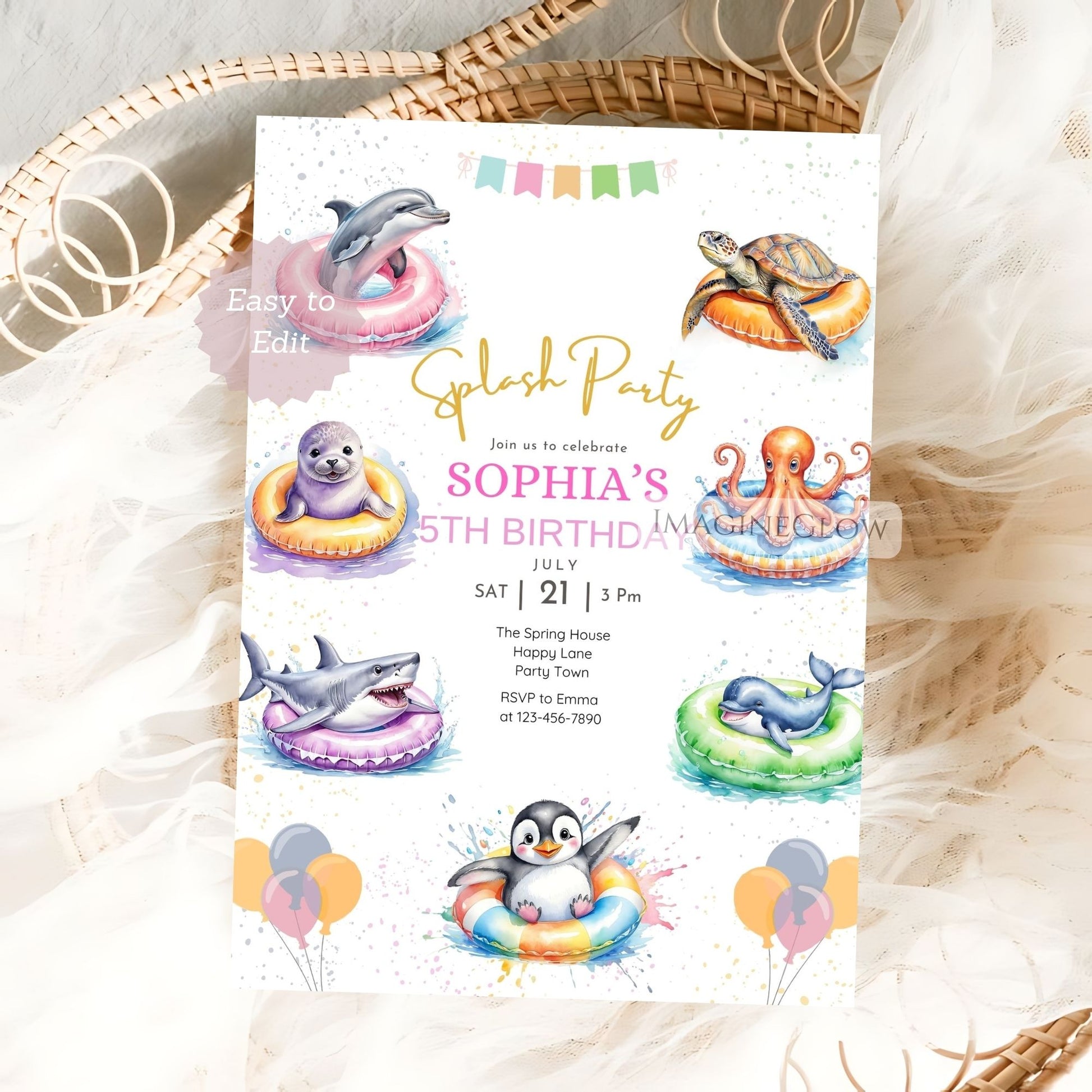 sea creature birthday invitation for kids
editable tropical marine life card
underwater pool party birthday template
dolphin turtle ocean party invitation