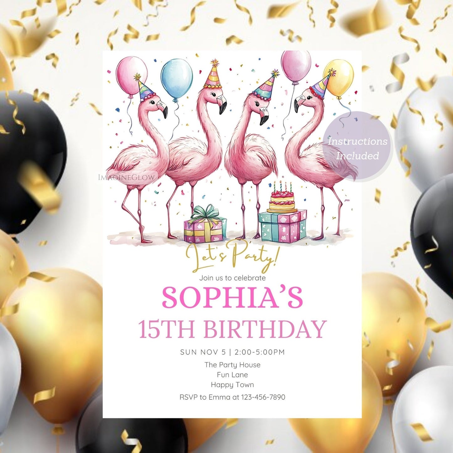 Tropical flamingo birthday invite with beach theme
Flamingo party invitation for a fun tropical birthday bash