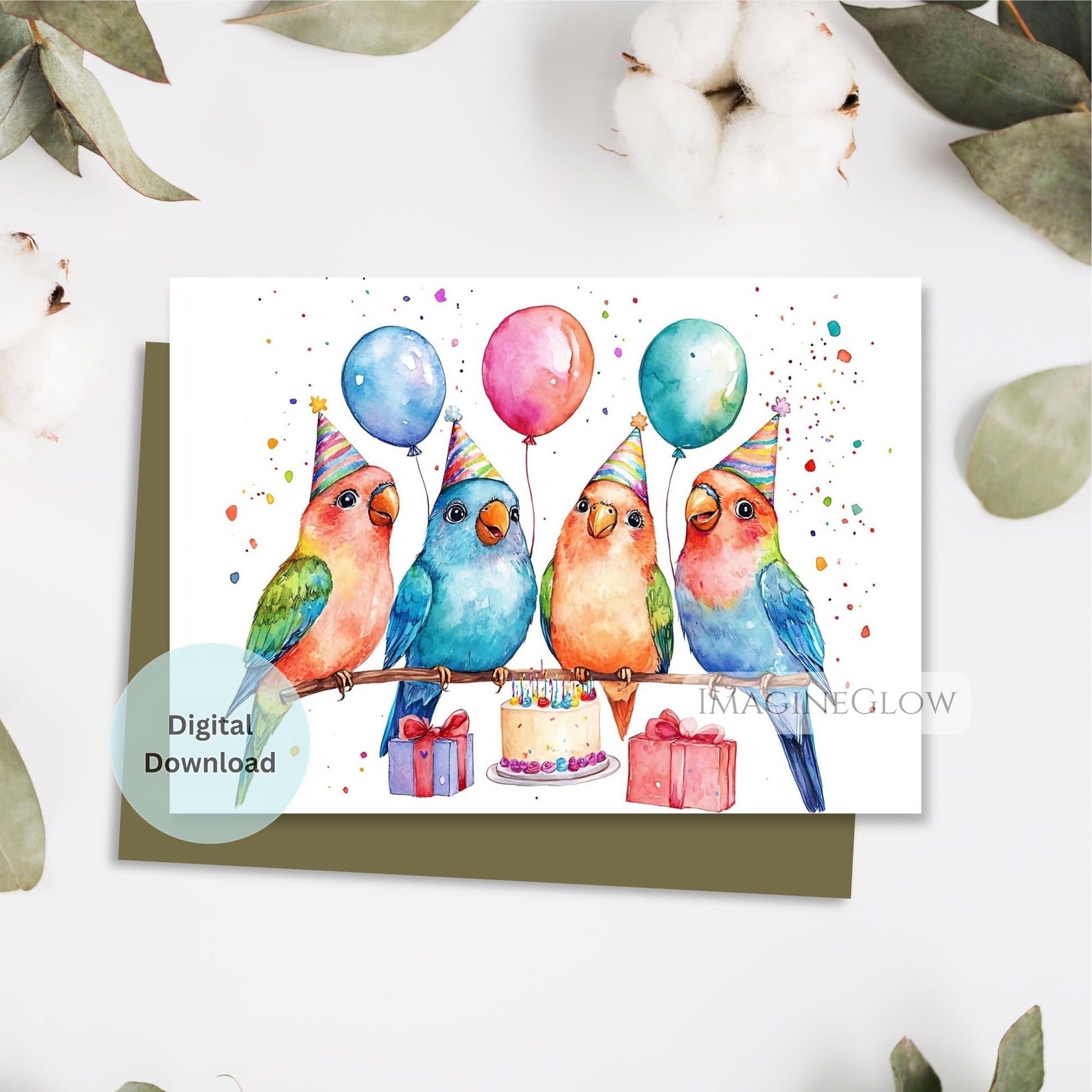 Digital download card with colorful birds holding balloons on a white background
