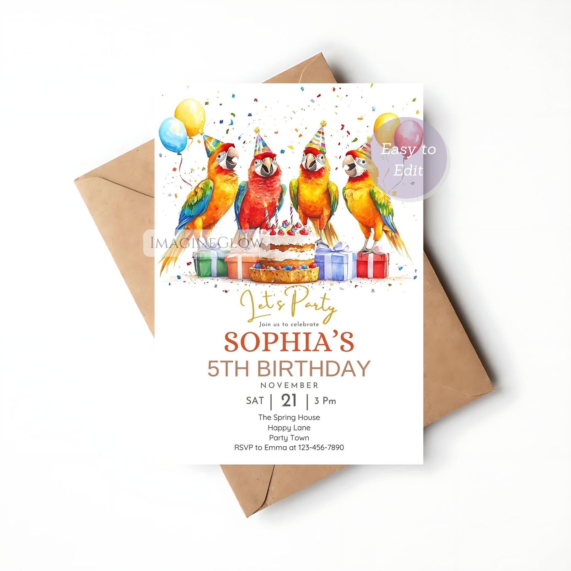 Editable parrot party invite printable