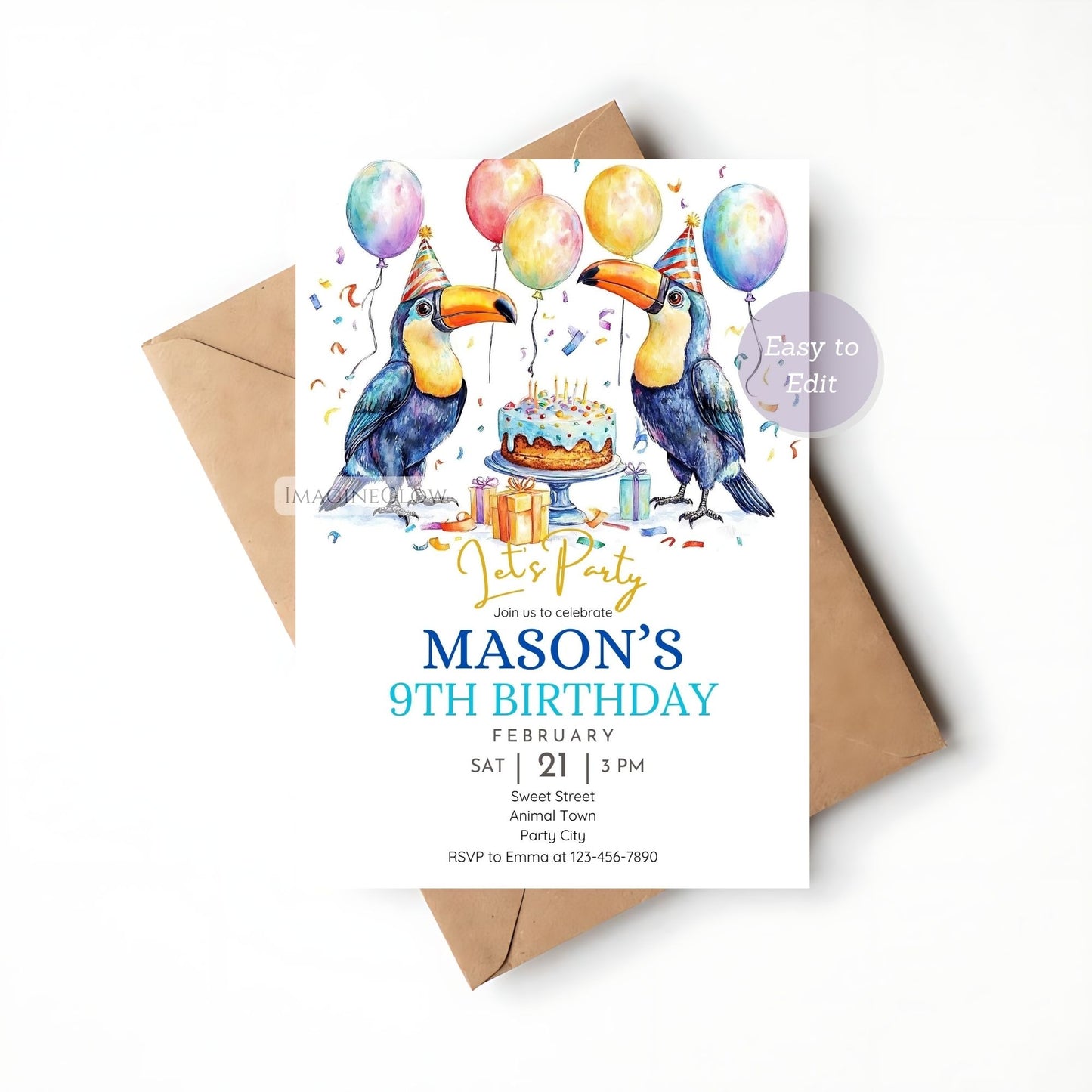Editable toucan birthday party invite template