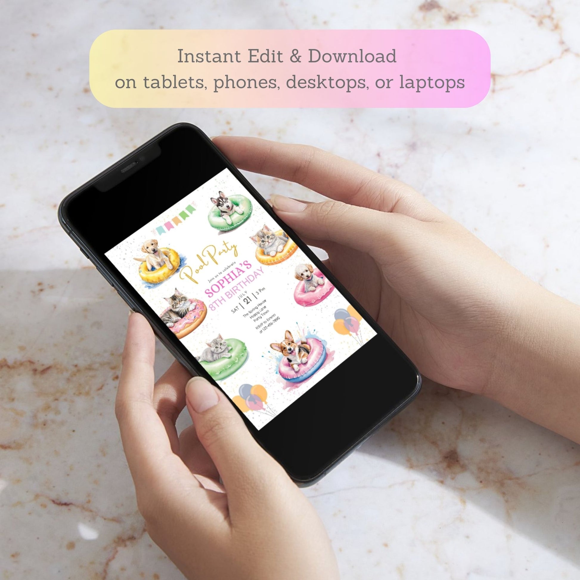 dog and cat summer pool birthday party template
cute animal poolside birthday invitation editable