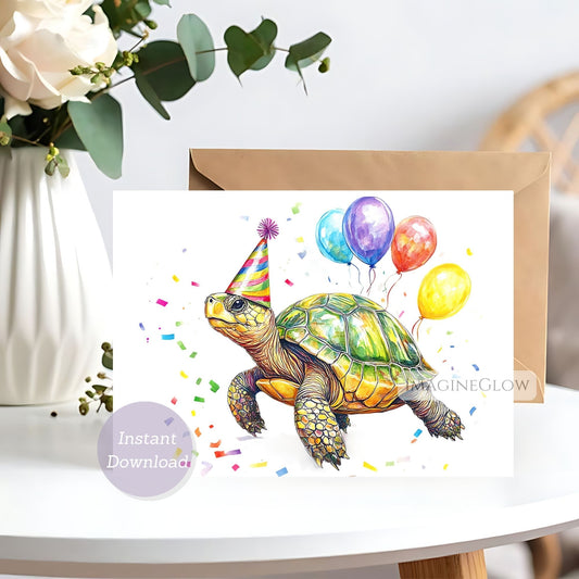 Greeting card with a turtle wearing a party hat and balloons on a white surface.