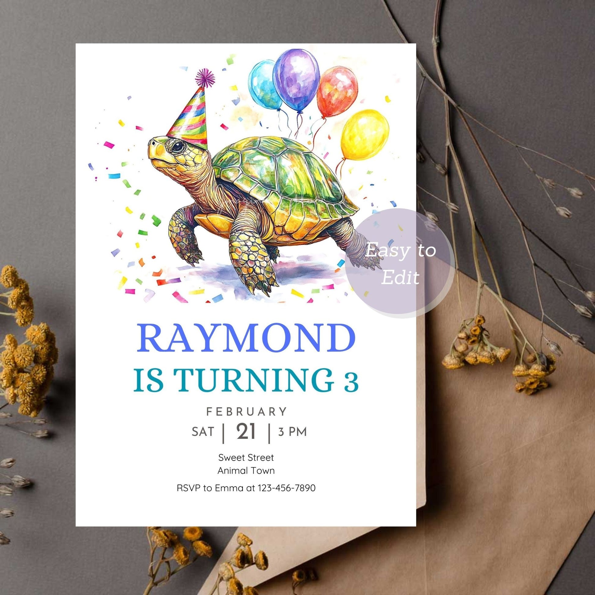 Cute turtle ocean party invitation for kids' birthday celebration.
Ocean party birthday invitation with adorable turtle design.