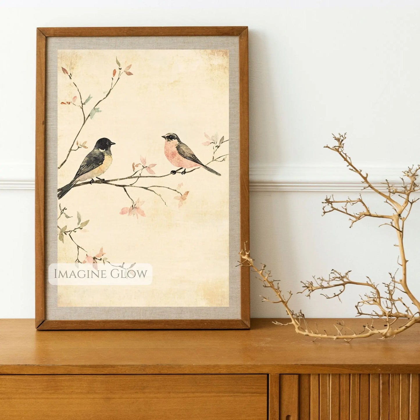 Timeless vintage bird print with birds perched on blooming branch